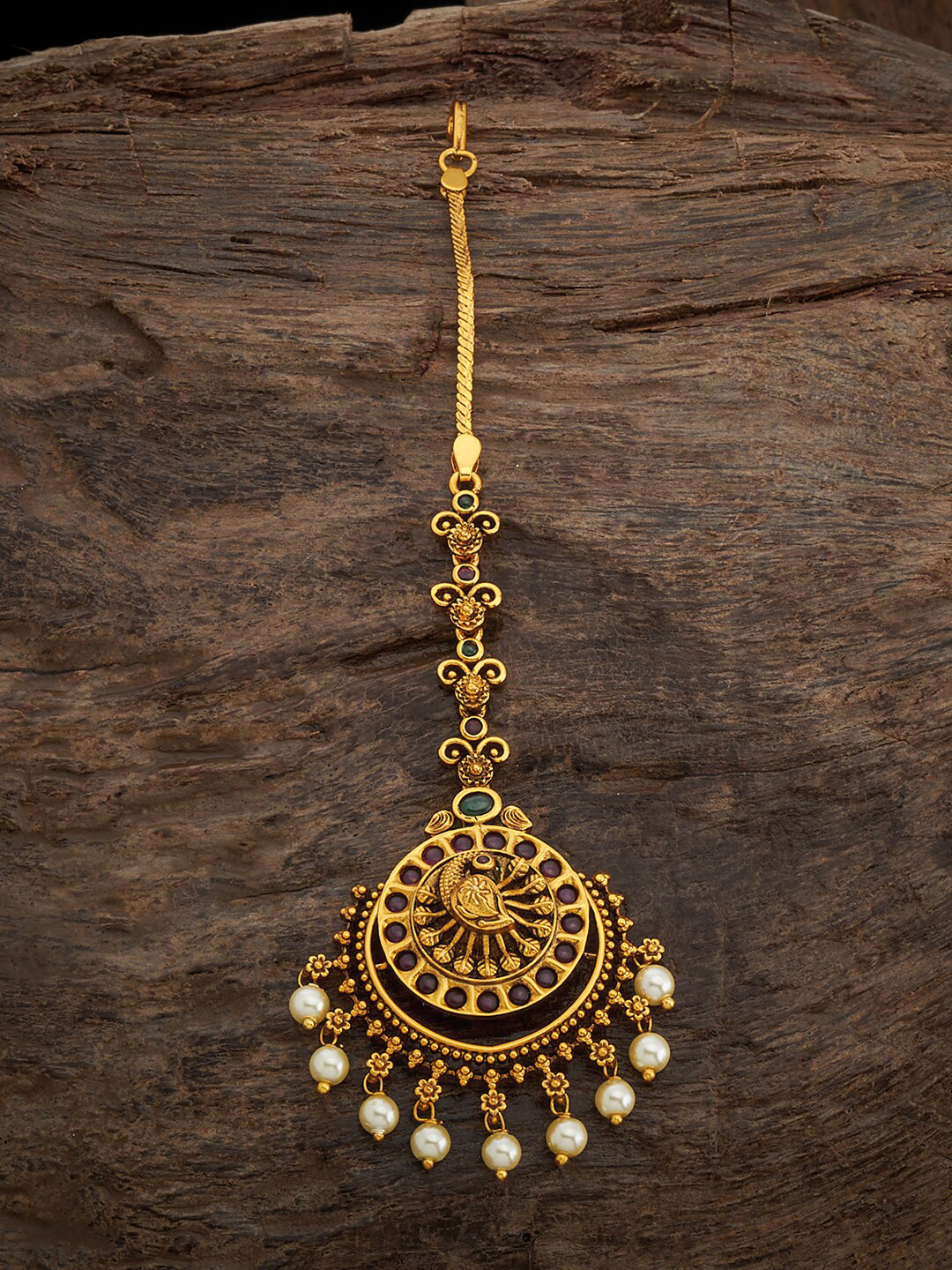 

Kushal's Fashion Jewellery Gold-Plated Antique Maang Tikka, Red
