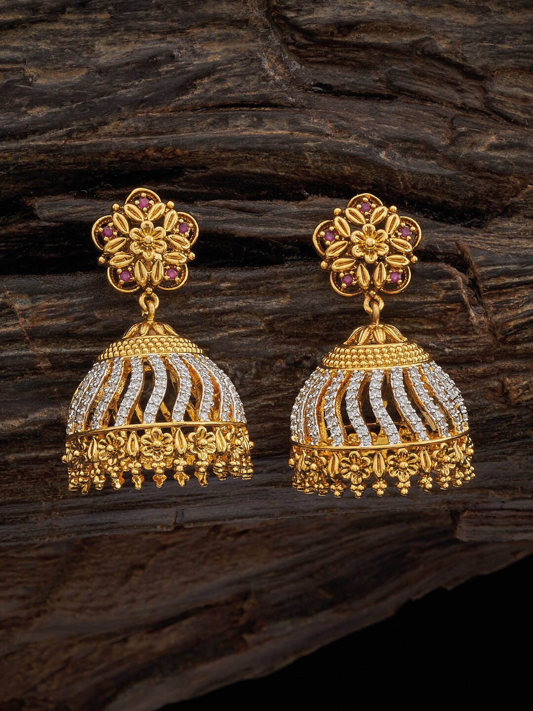 

Kushal's Fashion Jewellery 92.5 Pure Silver Rhodium Plated Cubic Zirconia Shaped Jhumkas, Red