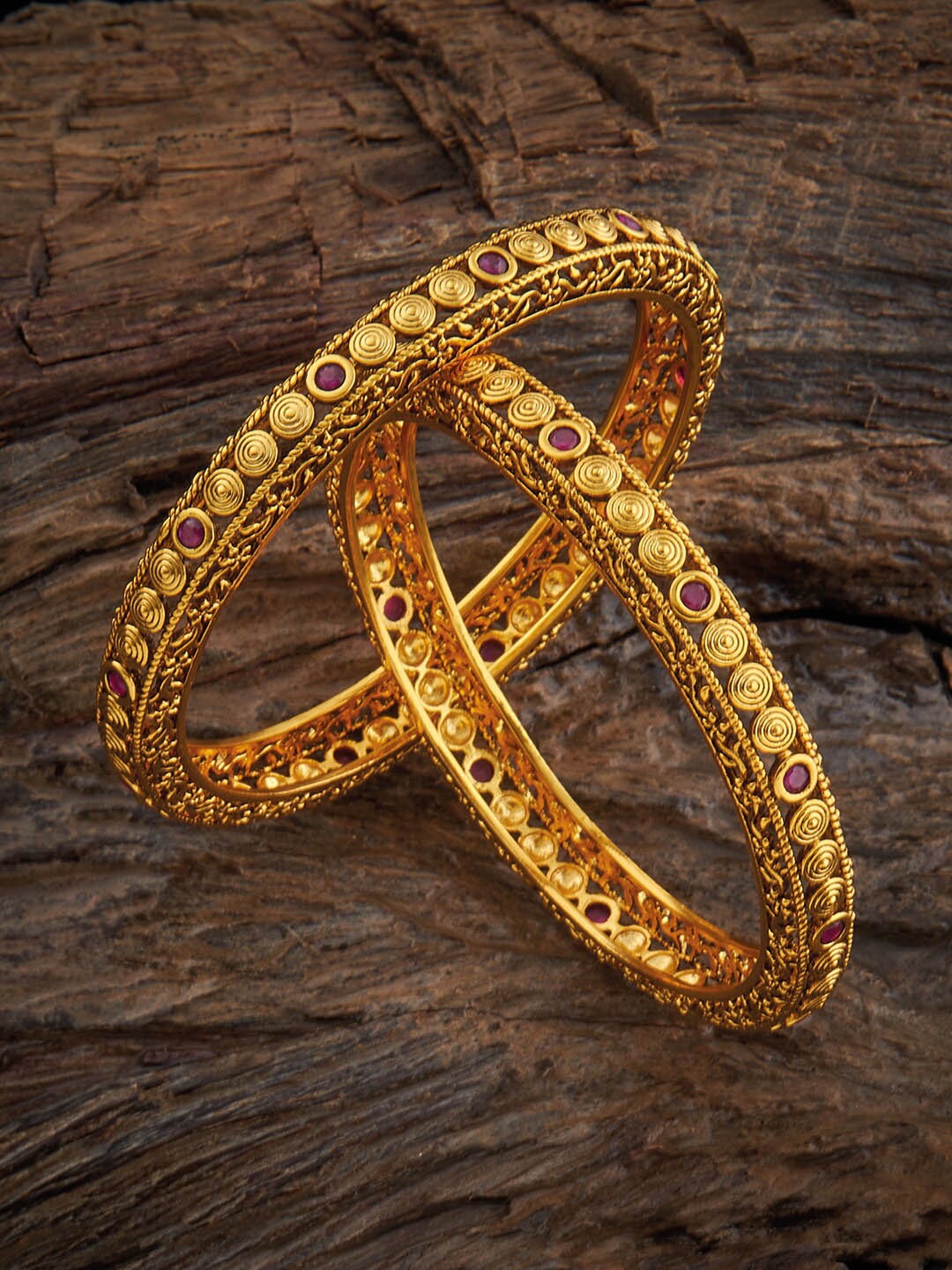 

Kushal's Fashion Jewellery Set Of 2 Gold-Plated Stones Studded Antique Bangles, Red