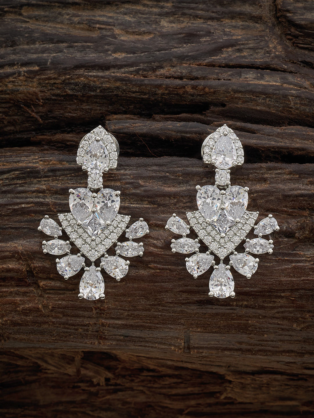

Kushal's Fashion Jewellery Rhodium-Plated Zircon Studded Drop Earrings, Silver