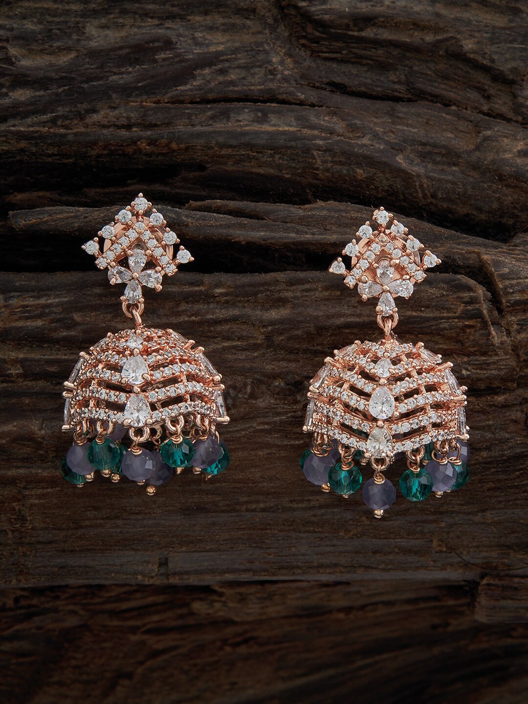 

Kushal's Fashion Jewellery Rose Gold-Plated Zircon-Studded Dome Shaped Jhumkas