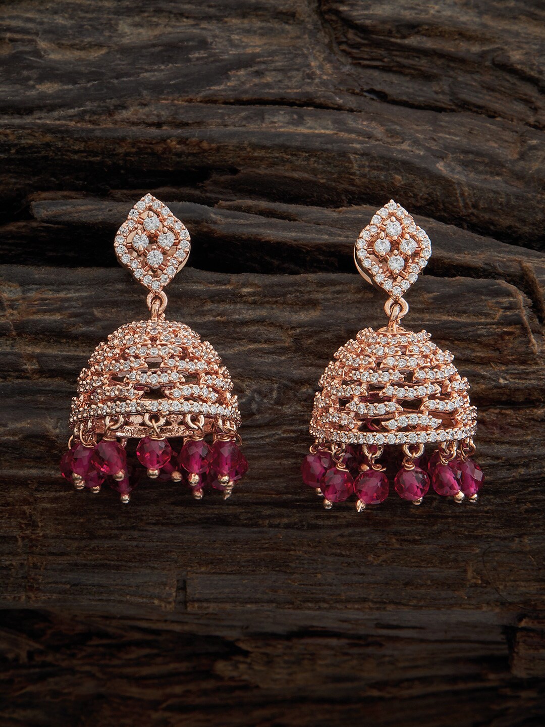 

Kushal's Fashion Jewellery Rose Gold Plated Dome Shaped Cubic Zirconia Studded Jhumkas