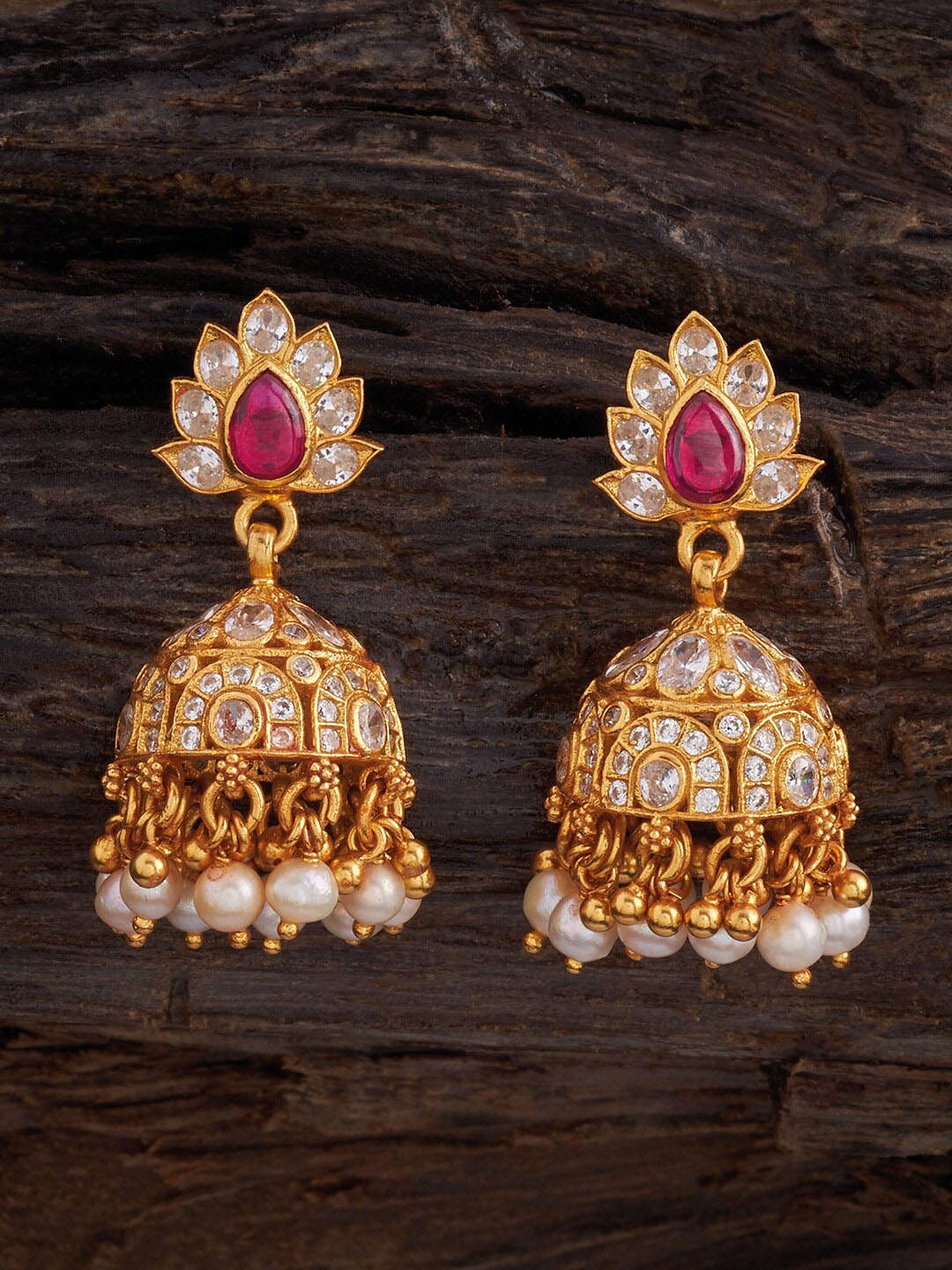 

Kushal's Fashion Jewellery 92.5 Pure Silver Gold Plated Ruby Studded Dome Shaped Jhumkas