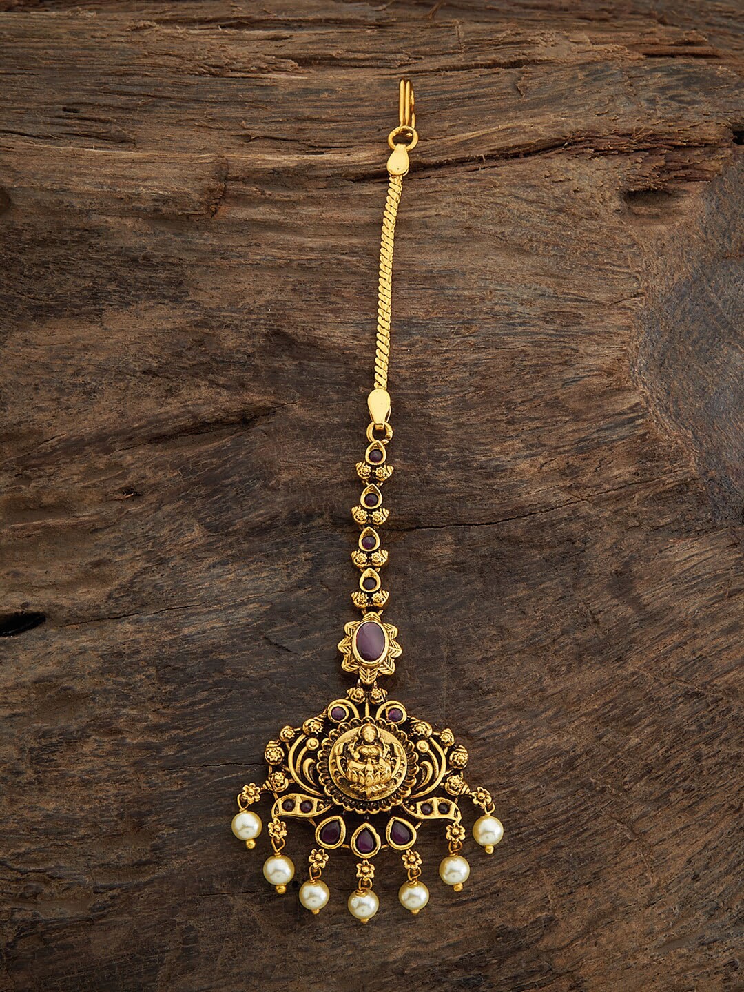 

Kushal's Fashion Jewellery Gold Plated Ruby Studded & Beaded Antique Maang Tikka