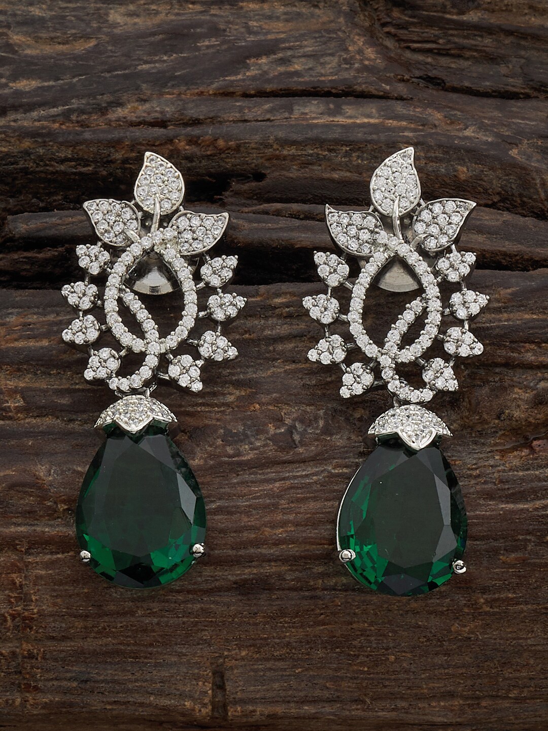 

Kushal's Fashion Jewellery Rhodium-Plated Zircon-Studded Teardrop Shaped Drop Earrings, Silver
