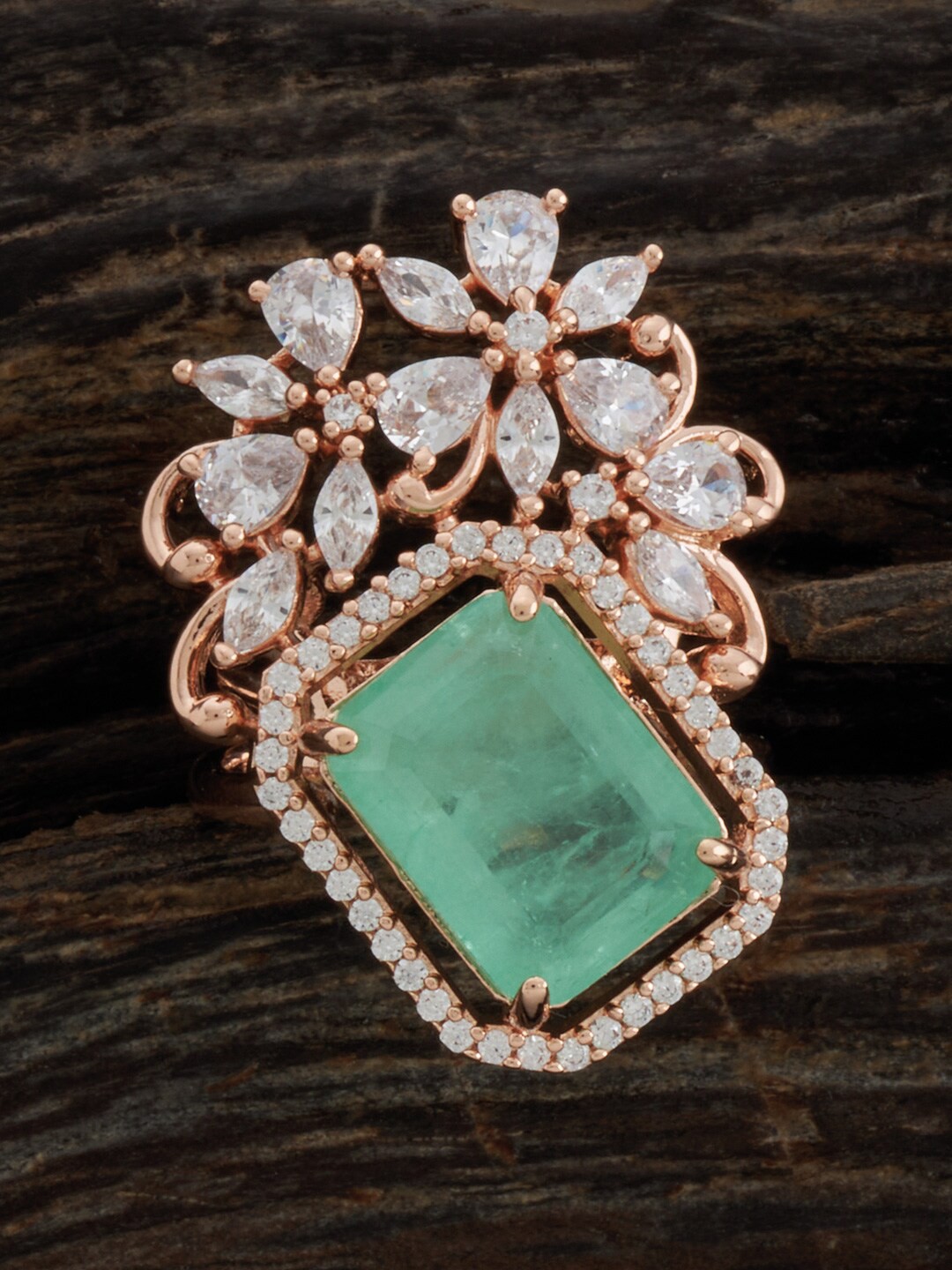 

Kushal's Fashion Jewellery Rose Gold Plated CZ Studded Adjustable Finger Ring, Sea green