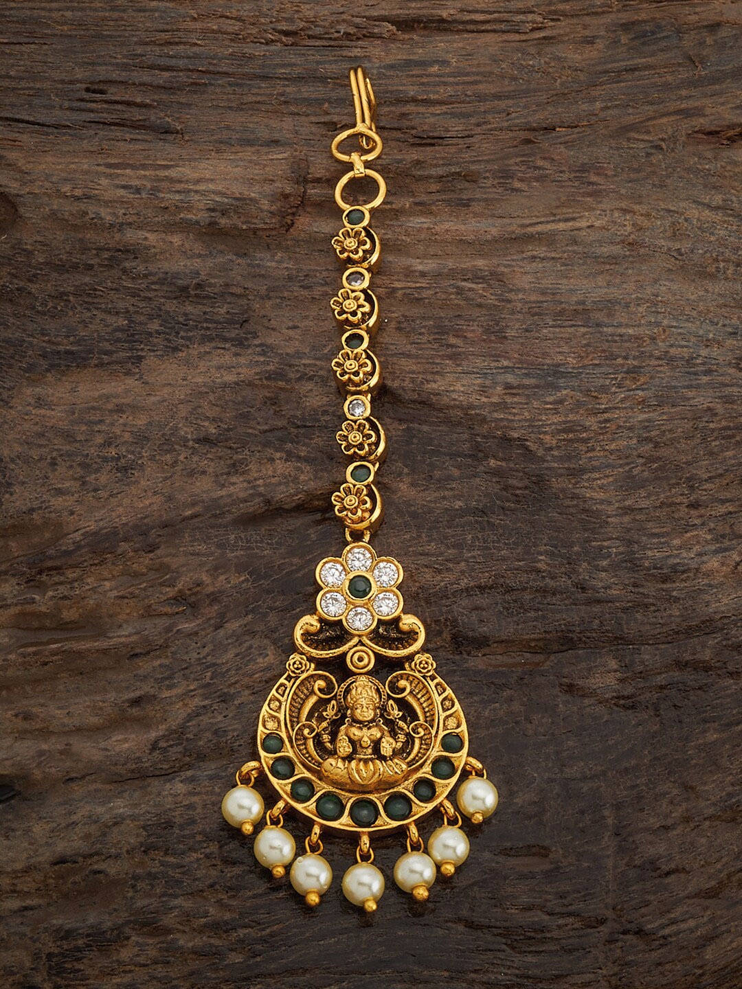 

Kushal's Fashion Jewellery Gold-Plated Stones Studded & Pearls Beaded Antique Maangtikka