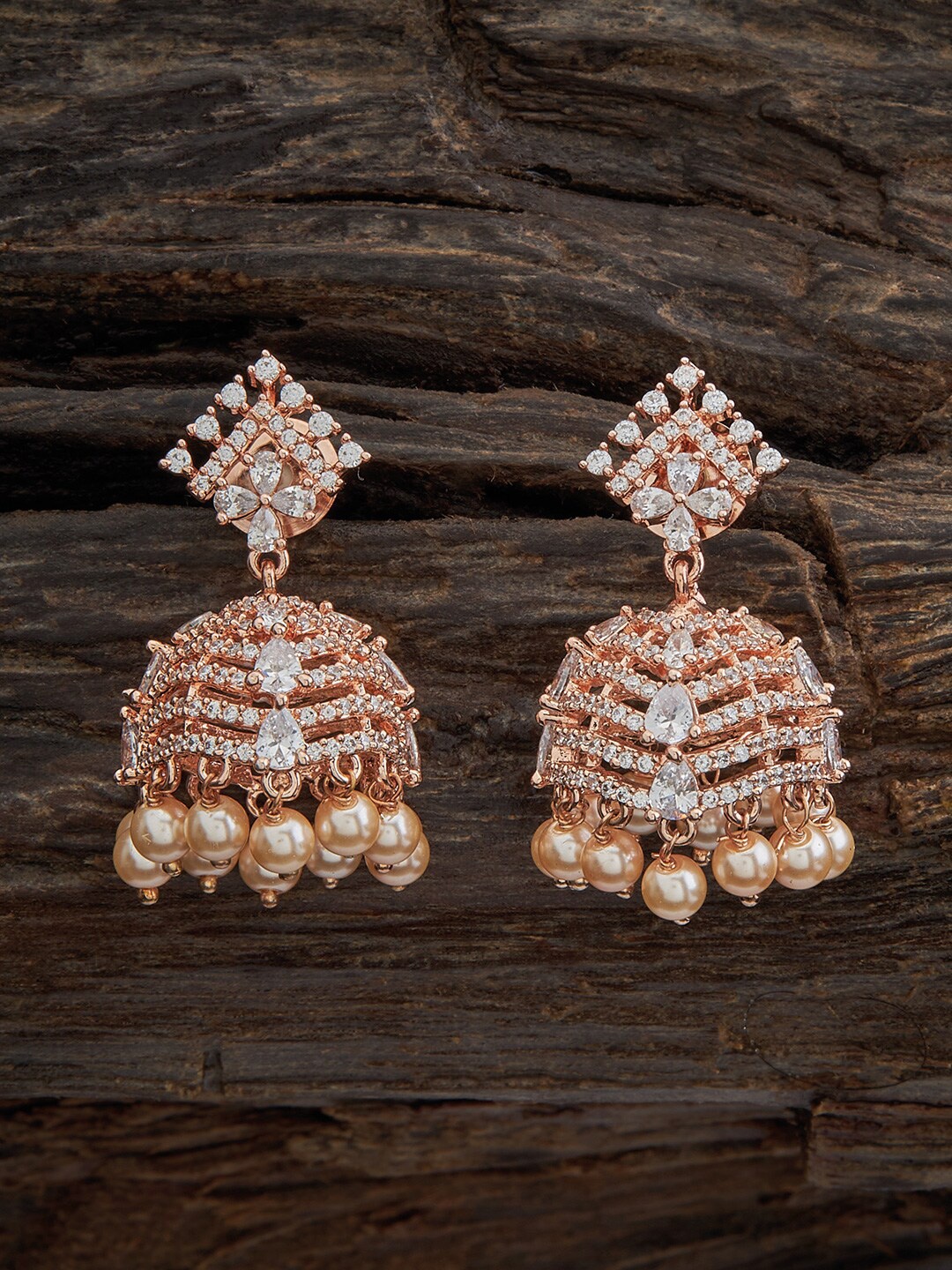 

Kushal's Fashion Jewellery Rose Gold-Plated Zircon-Studded Dome Shaped Jhumkas