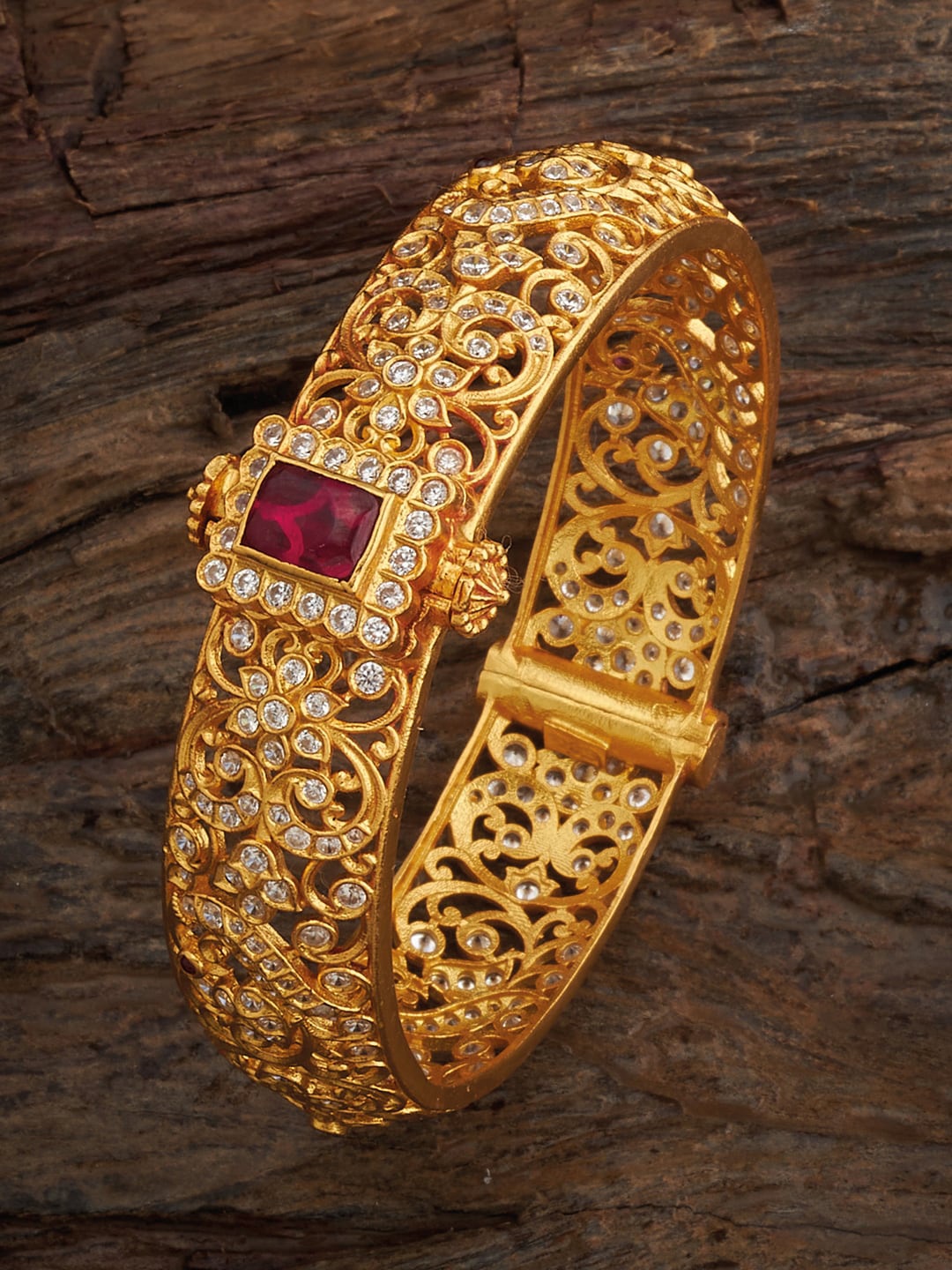 

Kushal's Fashion Jewellery 92.5 Pure Silver Gold Plated Stone Studded Bangle, Red