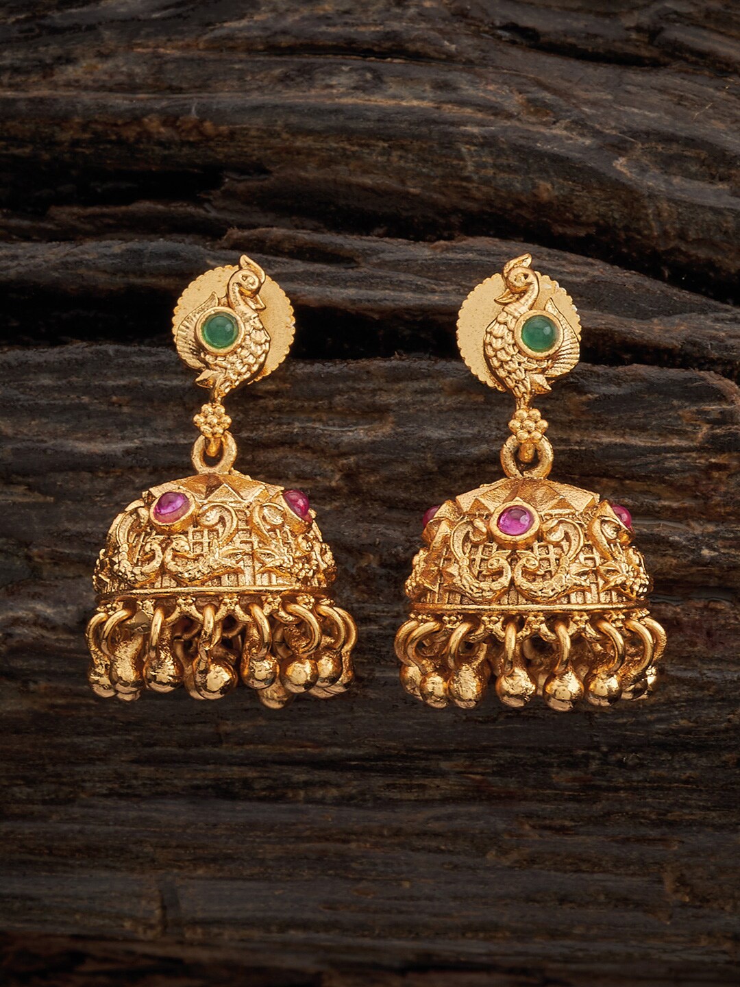 

Kushal's Fashion Jewellery Gold-Plated Dome Shaped Jumka Earrings, Red