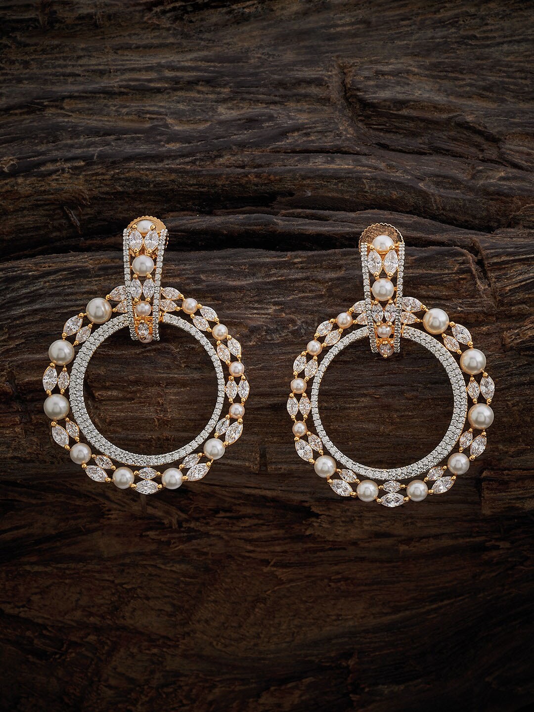 

Kushal's Fashion Jewellery Rhodium-Plated Cubic Zirconia Studded Circular Drop Earrings, Gold