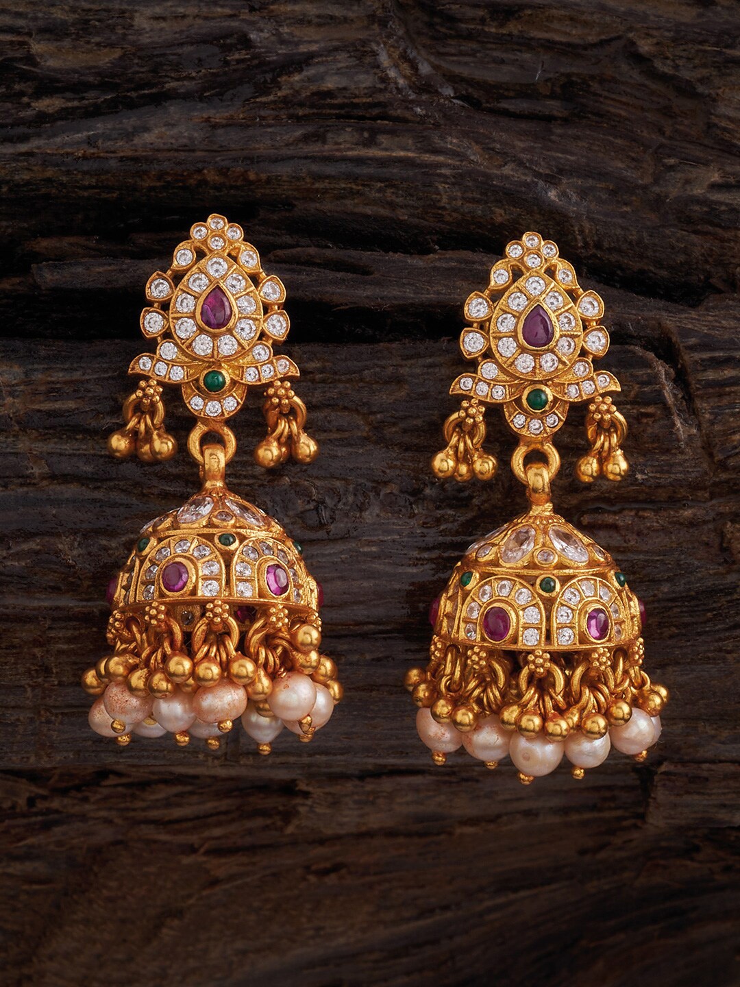 

Kushal's Fashion Jewellery 92.5 Pure Silver Gold Plated Dome Shaped Ruby Studded Jhumkas