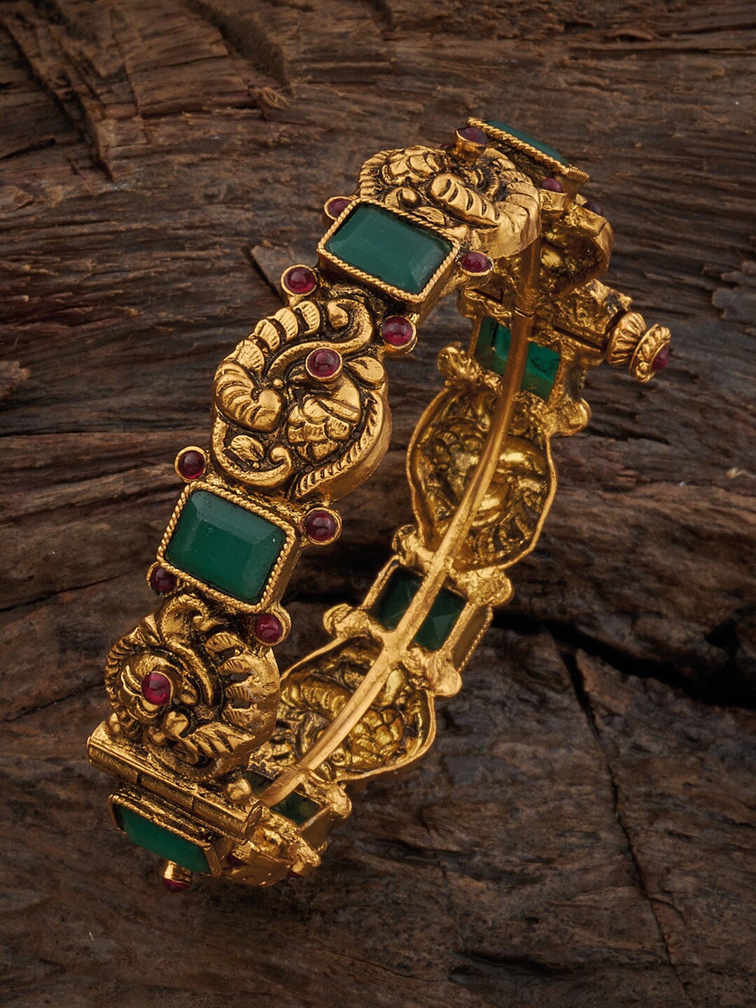 

Kushal's Fashion Jewellery 92.5 Pure Silver Gold-Plated Stone-Studded Temple Bangle