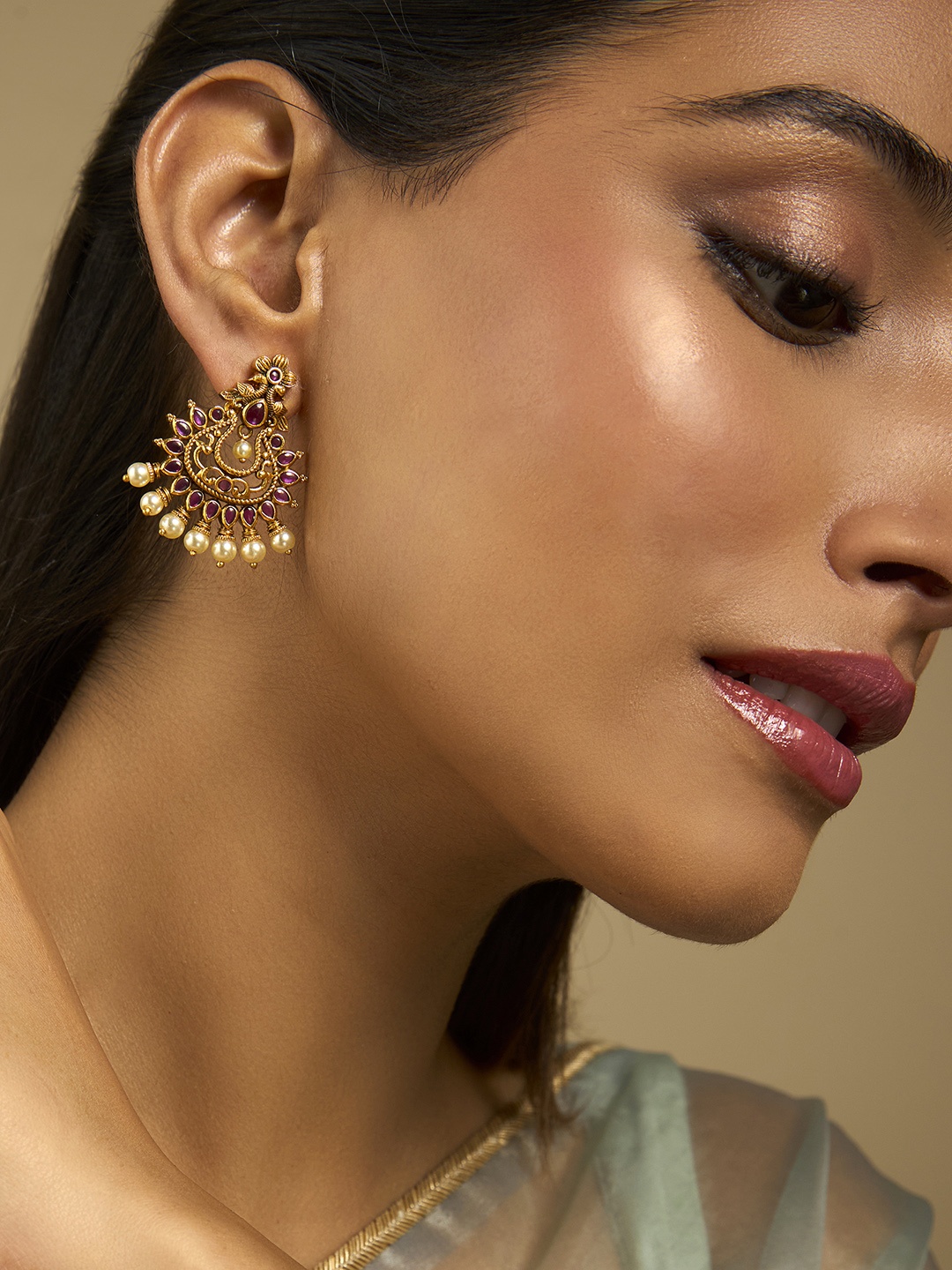 

Kushal's Fashion Jewellery Gold-Plated Classic Temple Chandbalis