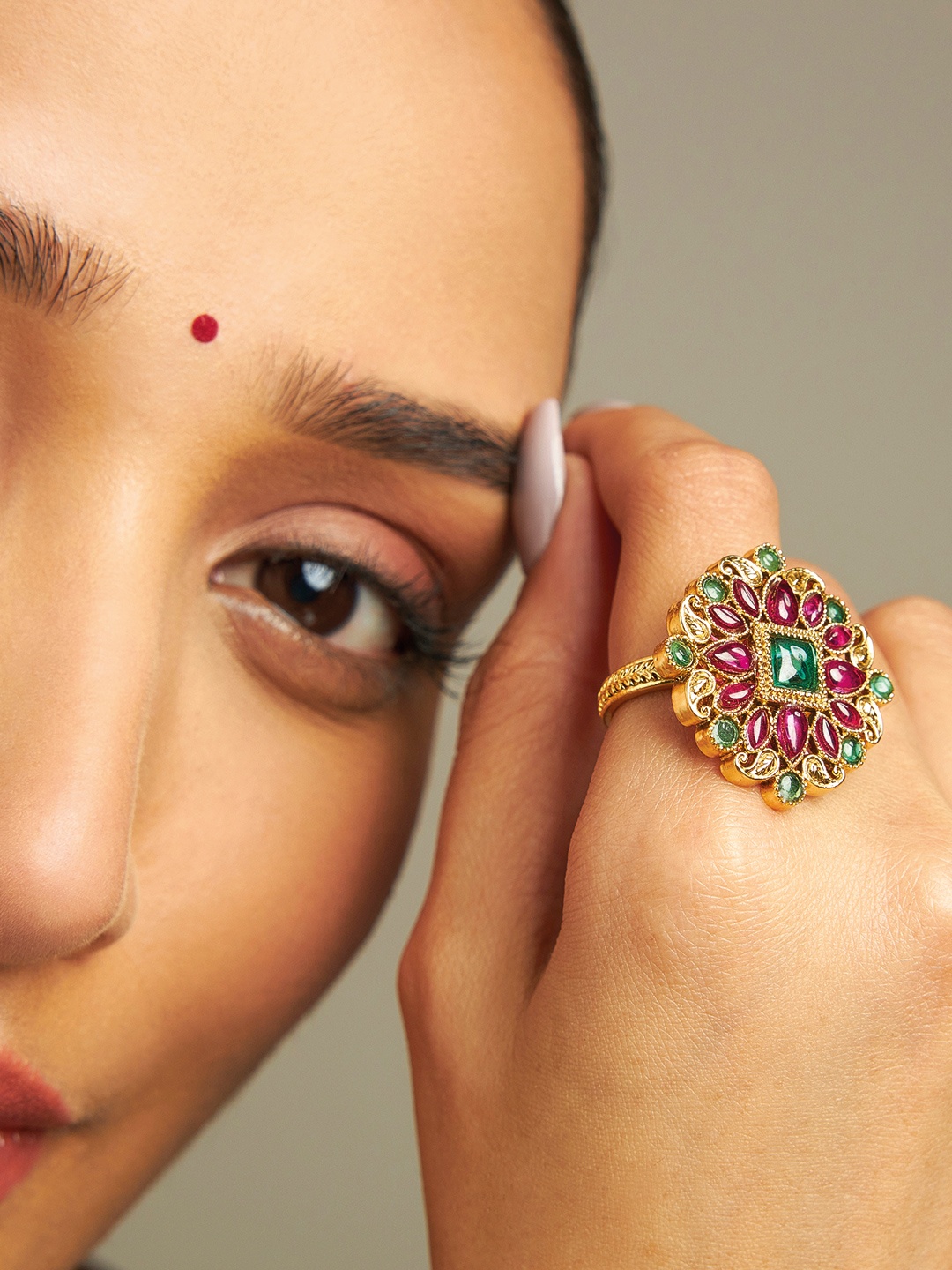 

Kushal's Fashion Jewellery Gold Plated Stone Studded Finger Ring, Red