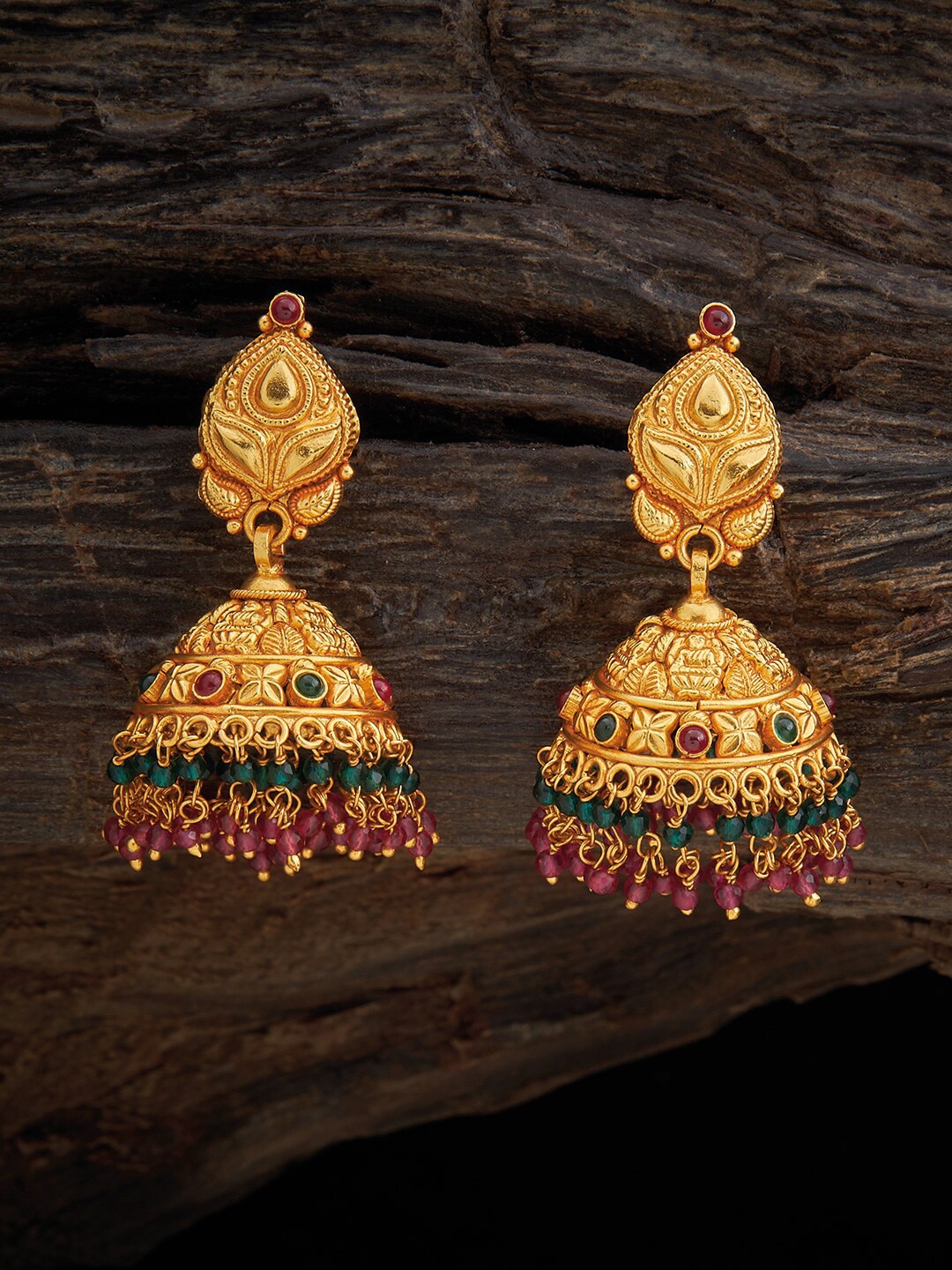 

Kushal's Fashion Jewellery 92.5 Pure Silver Gold-Plated Beaded Temple Jhumkas