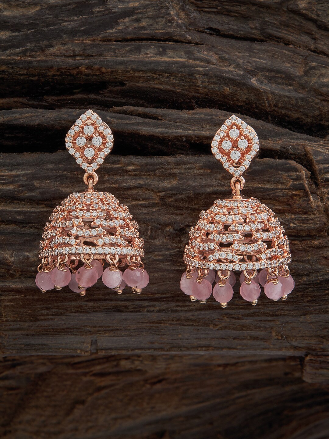 

Kushal's Fashion Jewellery Rose Gold-Plated Cubic Zirconia Studded Dome Shaped Jhumkas