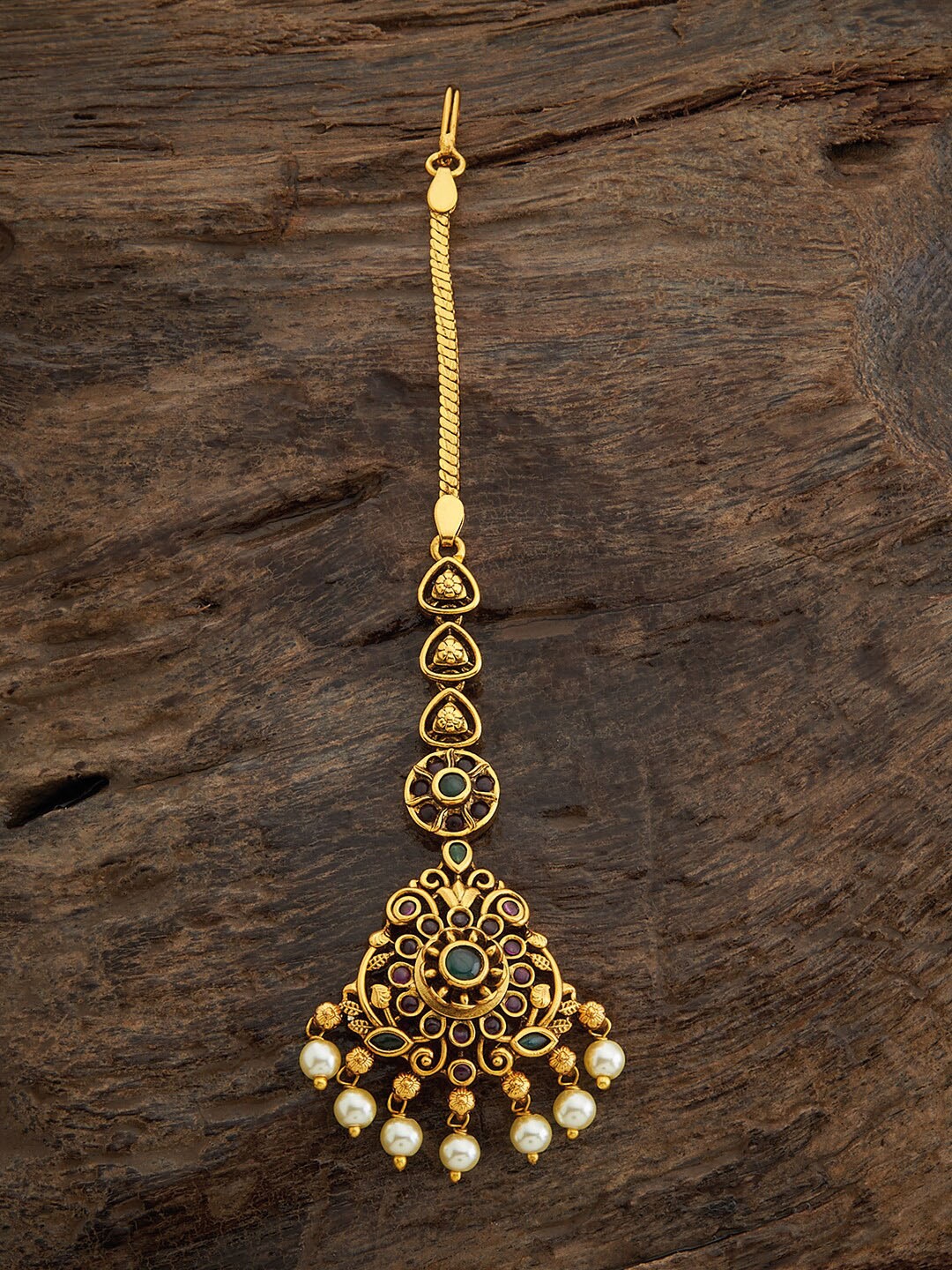 

Kushal's Fashion Jewellery Gold-Plated Antique Maang Tikka, Red