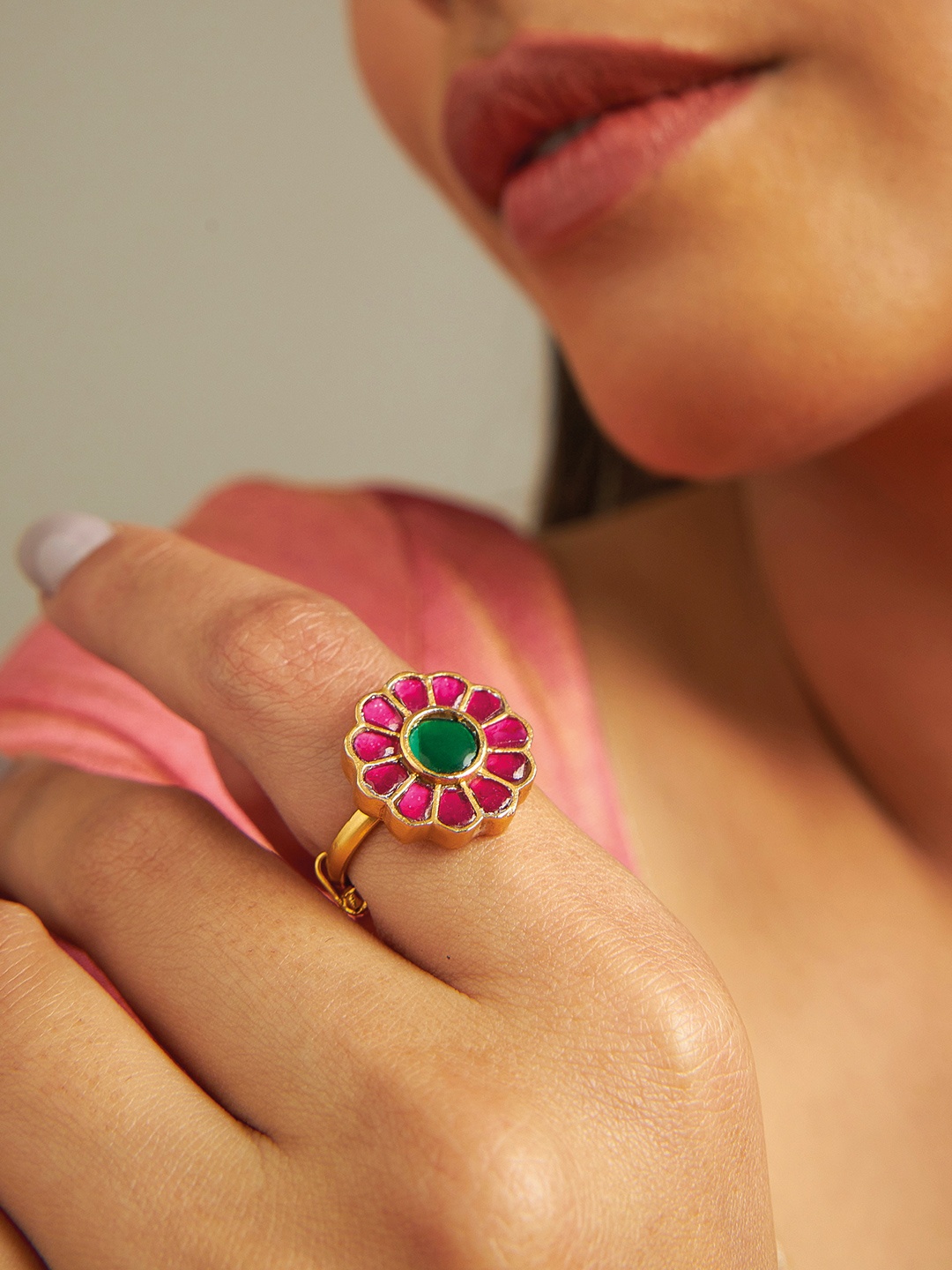 

Kushal's Fashion Jewellery Gold-Plated Stone-Studded Adjustable Finger Ring