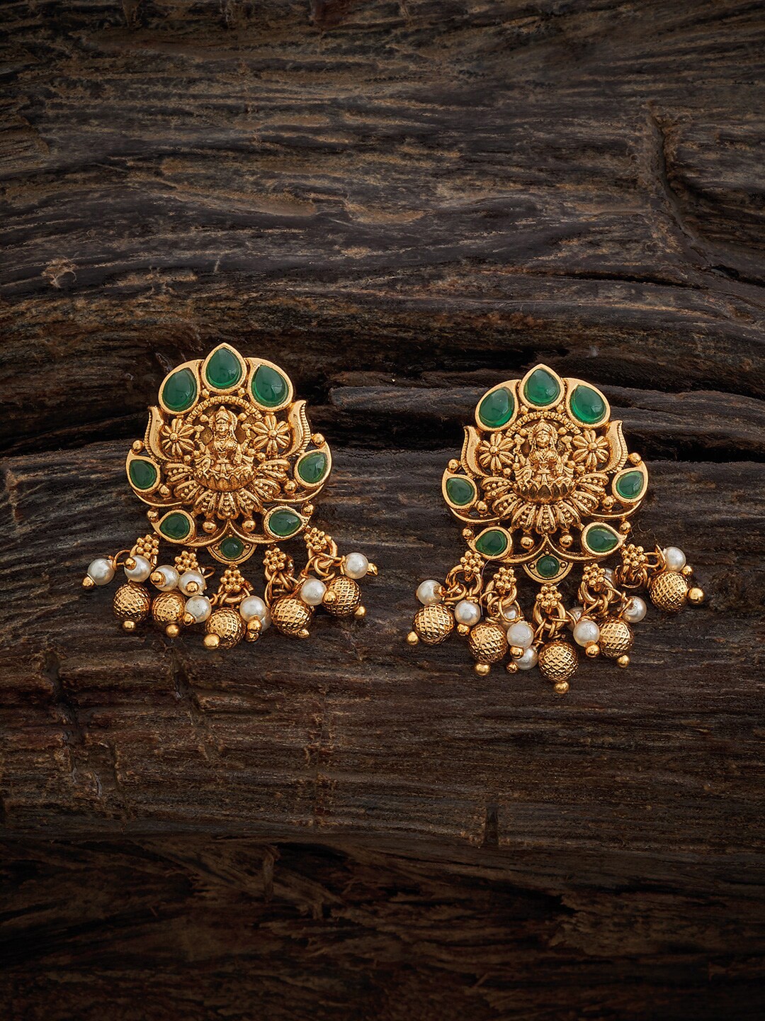 

Kushal's Fashion Jewellery Gold-Plated Stone Studded & Beaded Antique Drop Earrings, Green