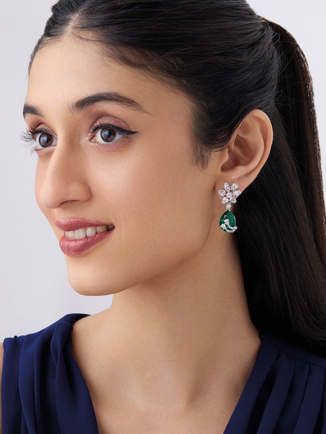 

Kushal's Fashion Jewellery Rhodium-Plated Cubic Zirconia Teardrop Shaped Drop Earrings, Silver