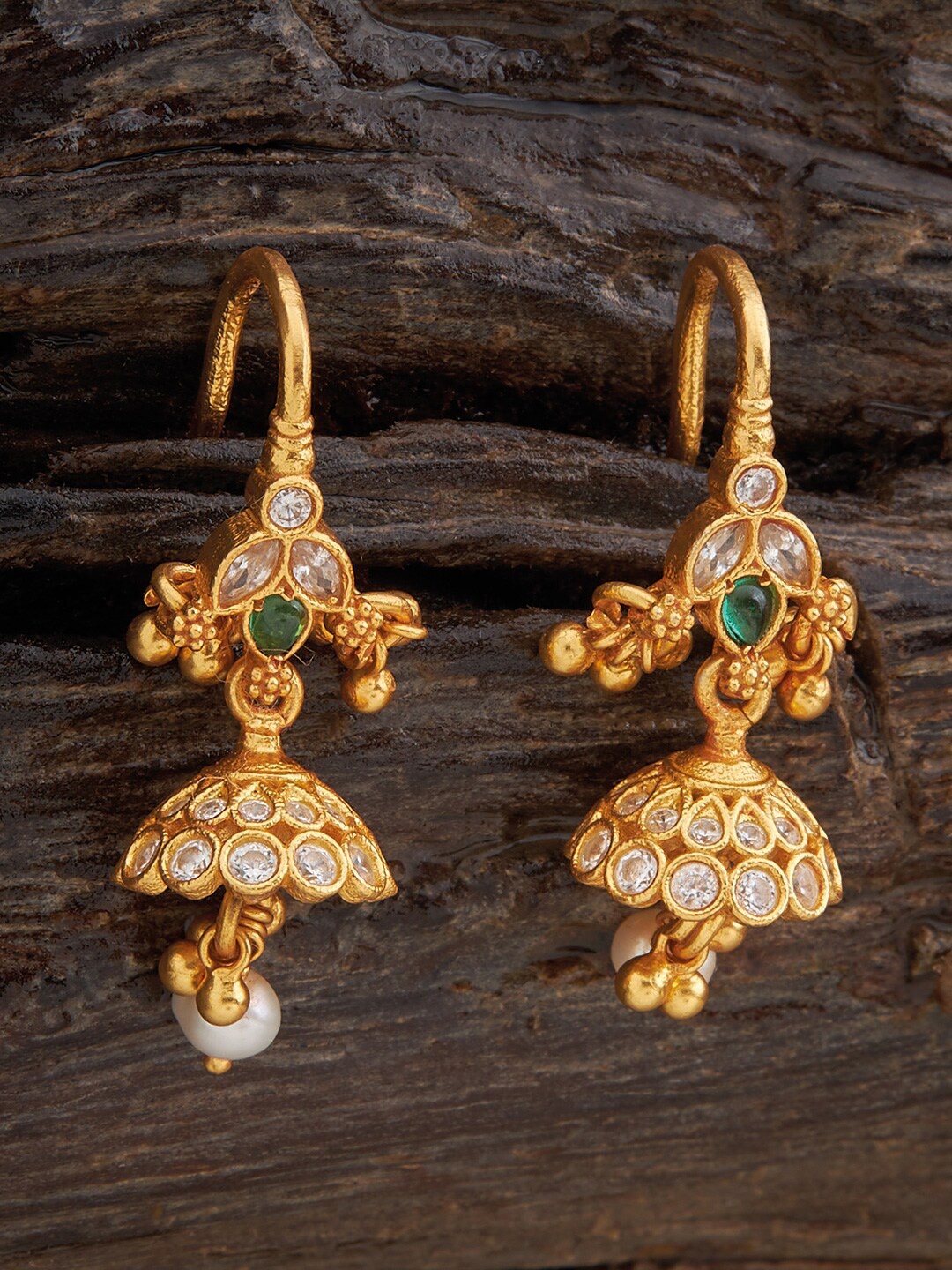 

Kushal's Fashion Jewellery 92.5 Pure Silver Gold Plated Stone Studded Dome Shaped Jhumkas