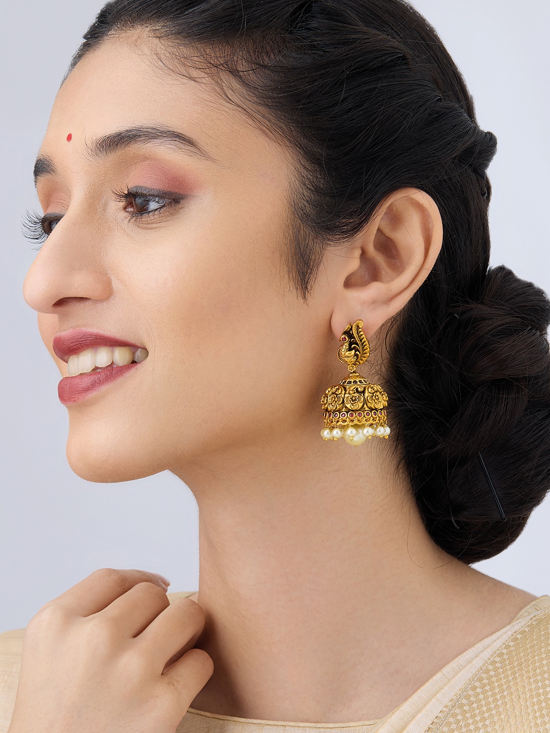 

Kushal's Fashion Jewellery Gold-Plated Beaded Antique Jhumkas