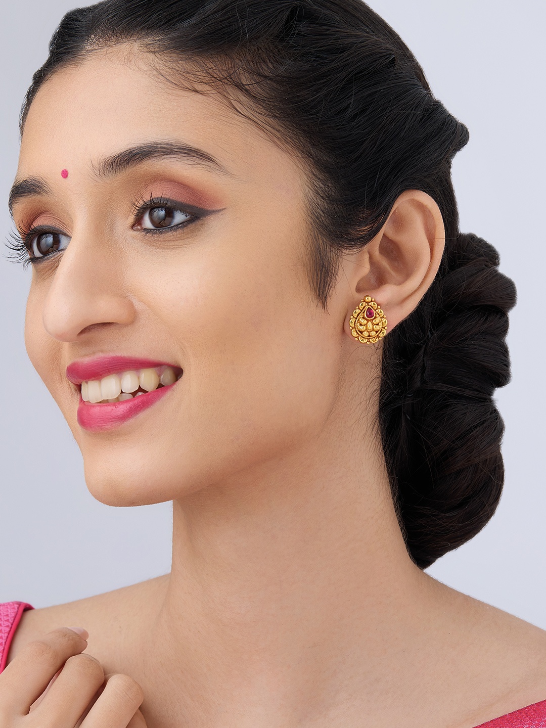 

Kushal's Fashion Jewellery 92.5 Pure Silver Gold-Plated Temple Studs Earrings