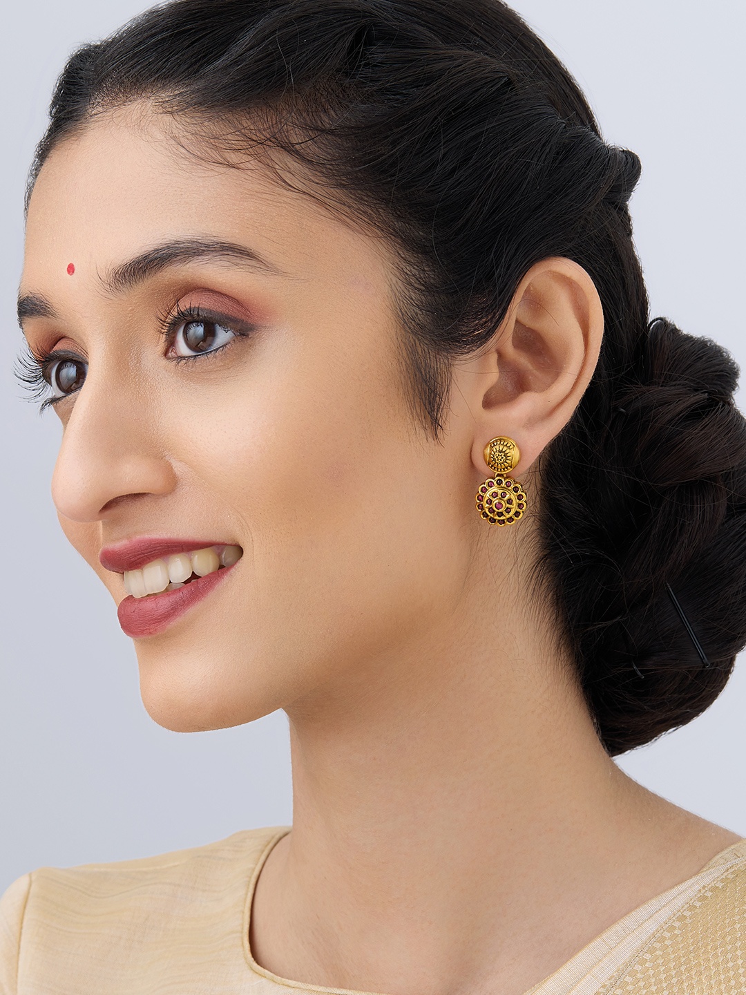 

Kushal's Fashion Jewellery Gold-Plated Circular Antique Drop Earrings
