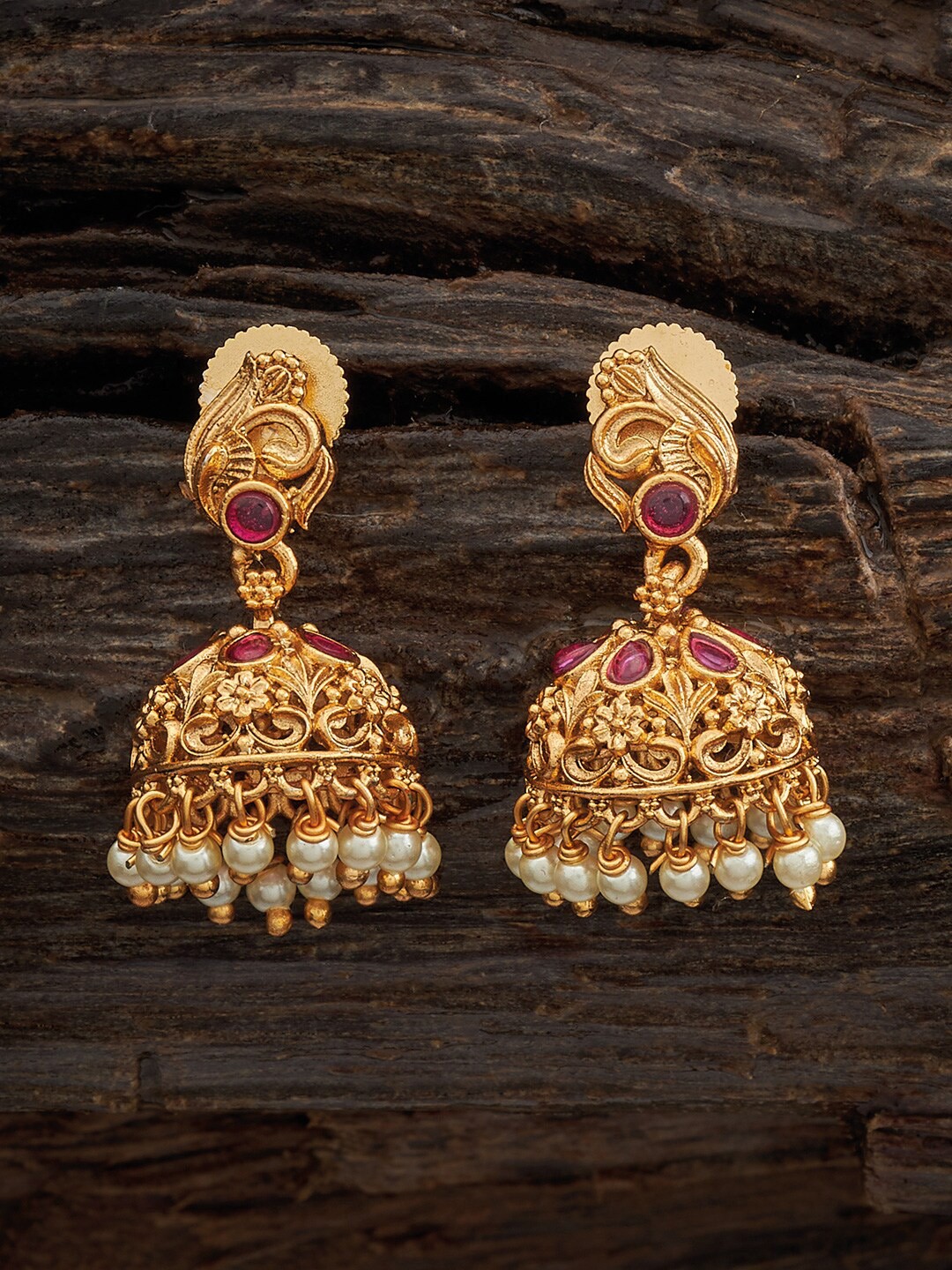 

Kushal's Fashion Jewellery Gold-Plated Dome Shaped Jhumkas Earrings, Red