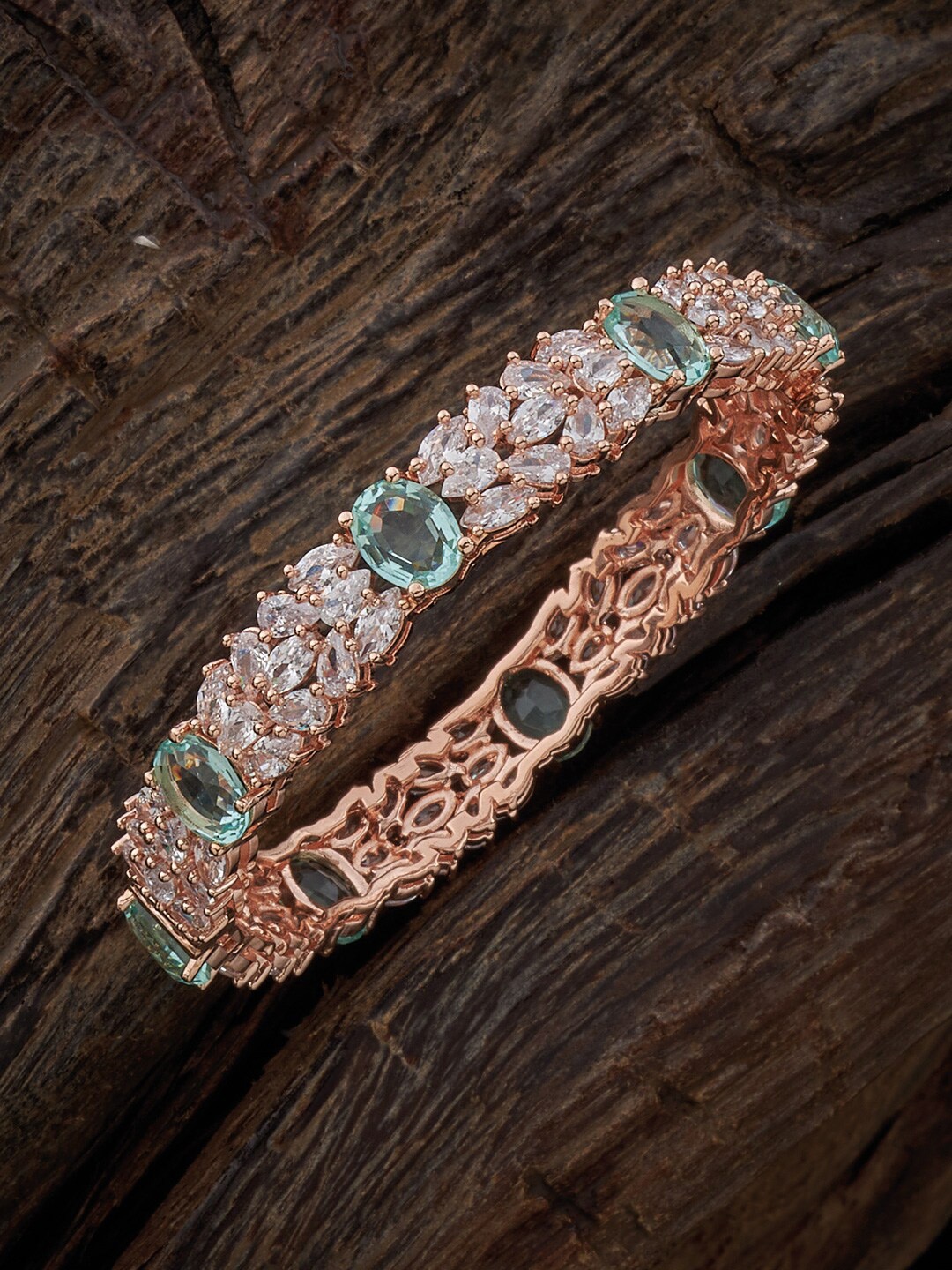 

Kushal's Fashion Jewellery Rose Gold Plated & Zircon Studded Bangle, Sea green