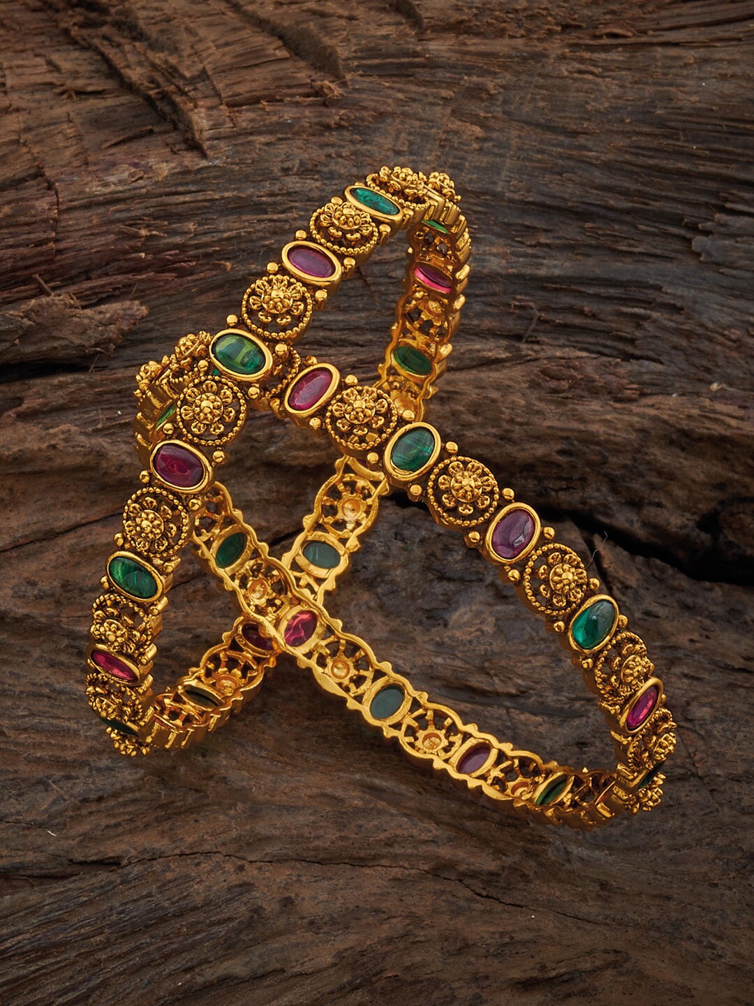 

Kushal's Fashion Jewellery Set Of 2 Gold-Plated Ruby Studded Antique Bangles