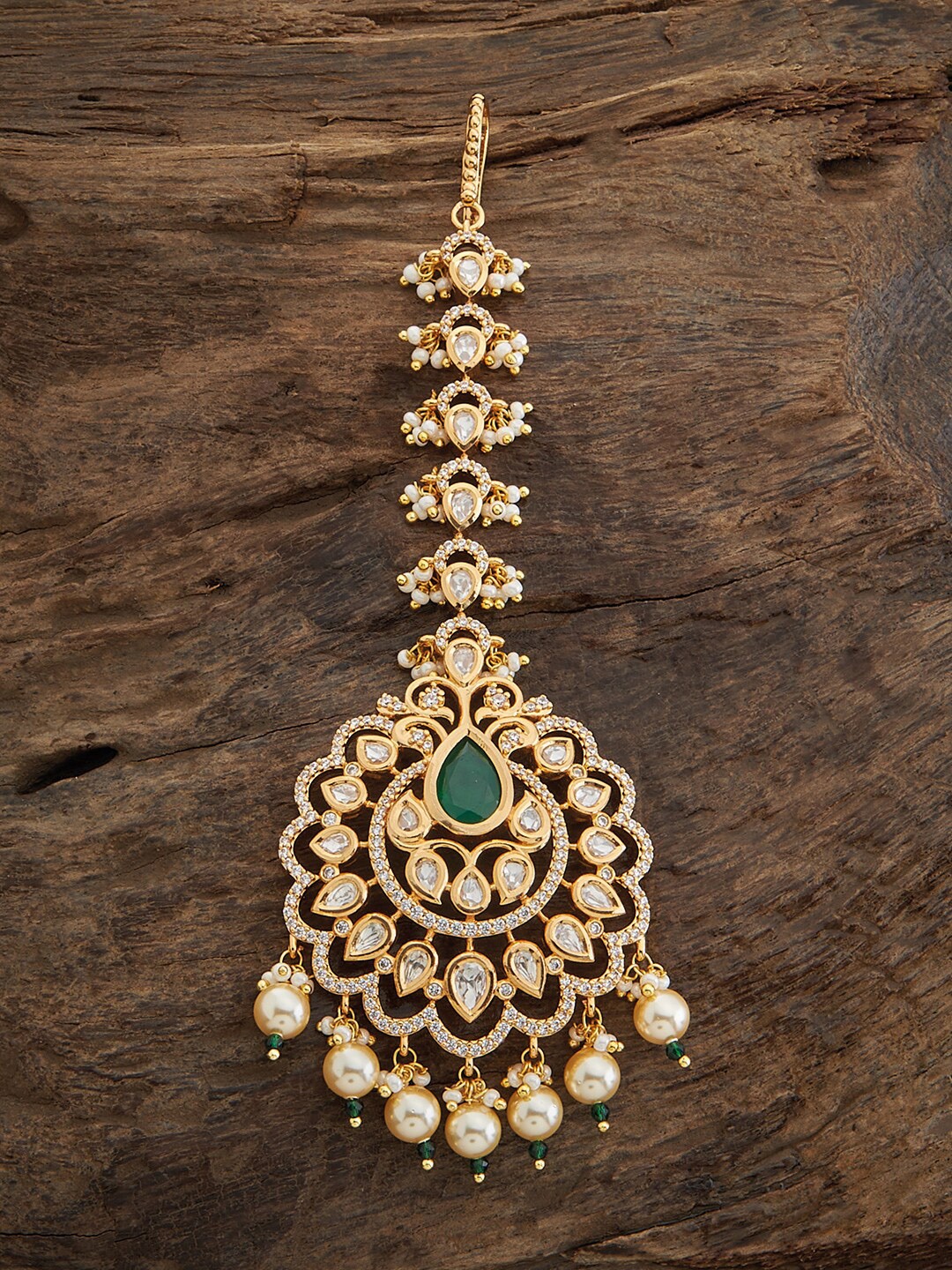 

Kushal's Fashion Jewellery Gold-Plated Kundan Studded & Pearls Beaded Maangtikka