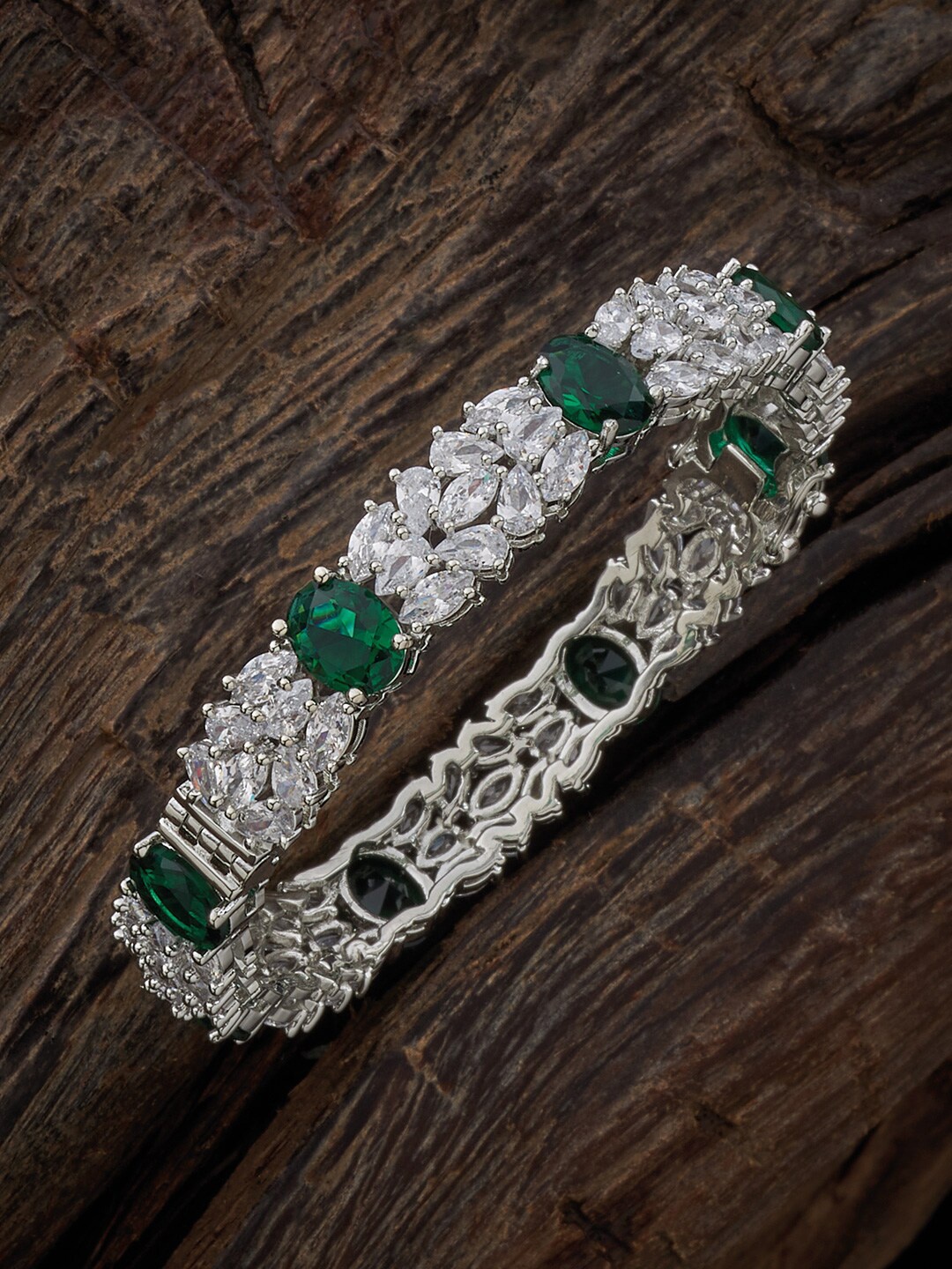 

Kushal's Fashion Jewellery Rhodium Plated CZ-Studded Bangle, Green