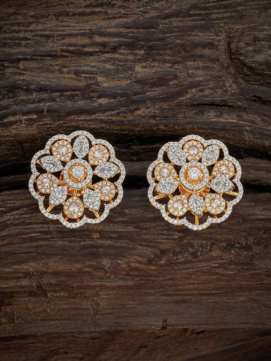 

Kushal's Fashion Jewellery Rhodium-Plated Cubic Zirconia Studded Floral Studs Earrings, Gold