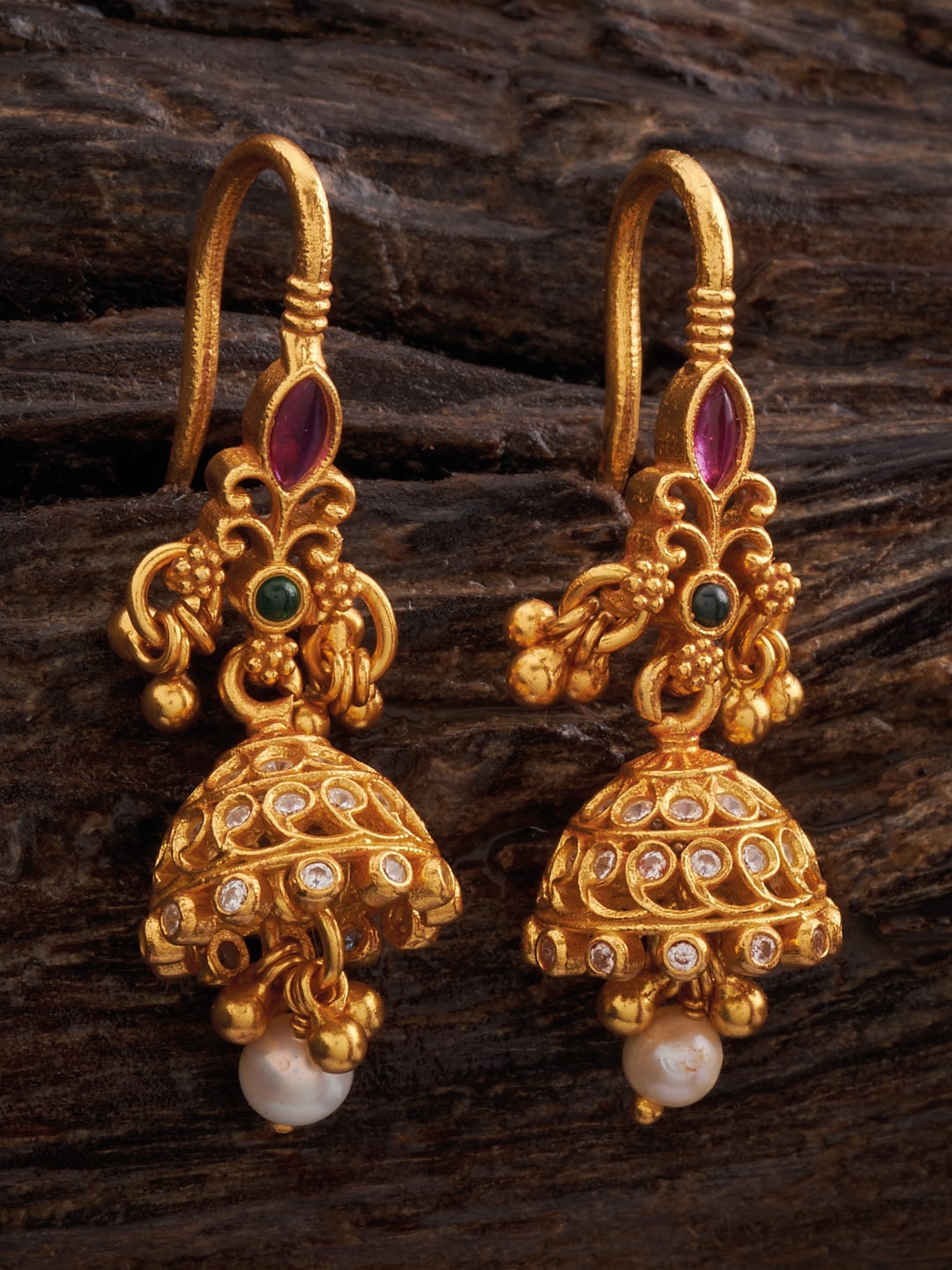 

Kushal's Fashion Jewellery 92.5 Pure Silver Gold Plated Dome Shaped Ruby Studded Jhumkas