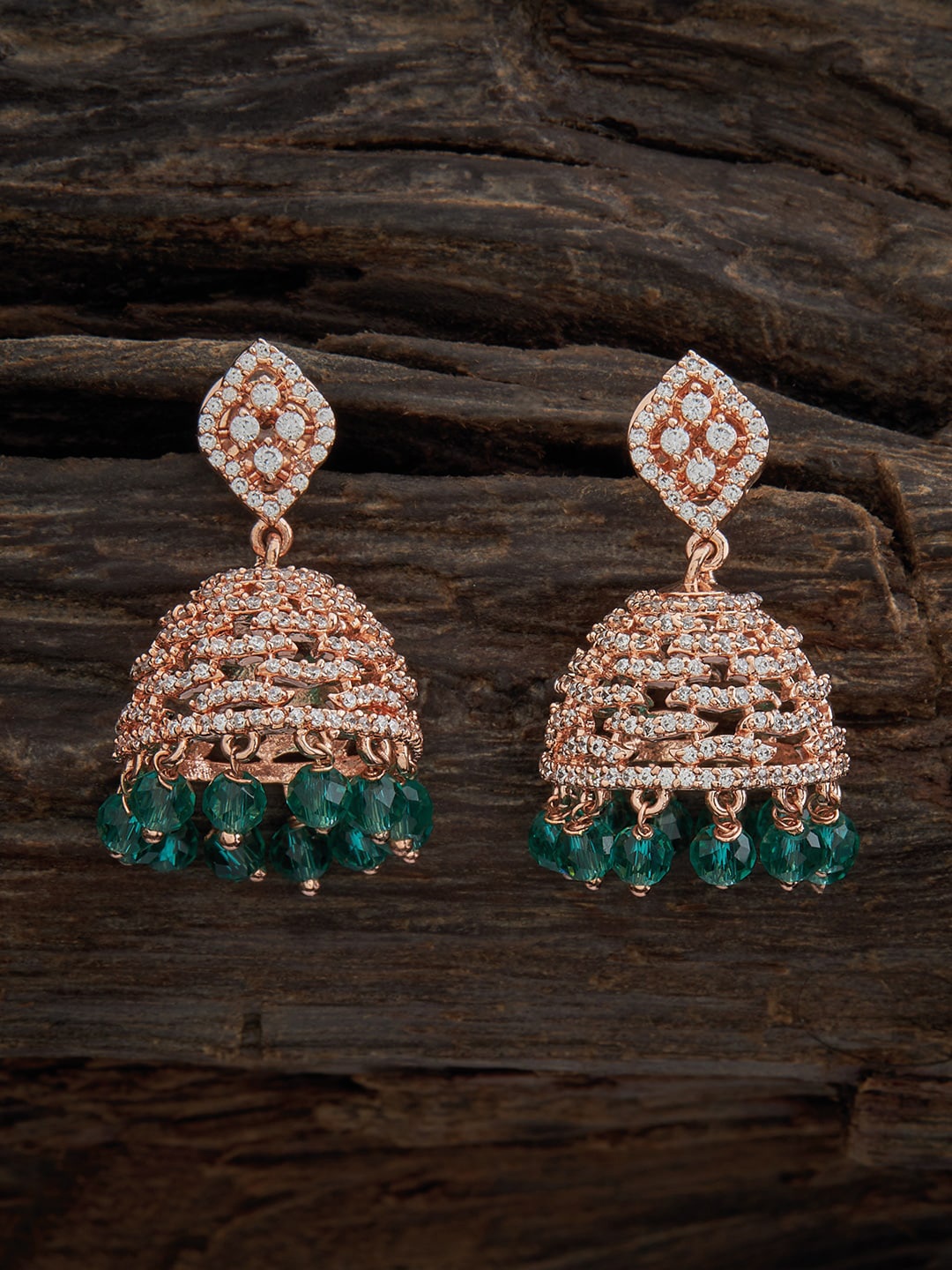 

Kushal's Fashion Jewellery Rose Gold-Plated Zircon Studded Dome Shaped Jhumkas, Green