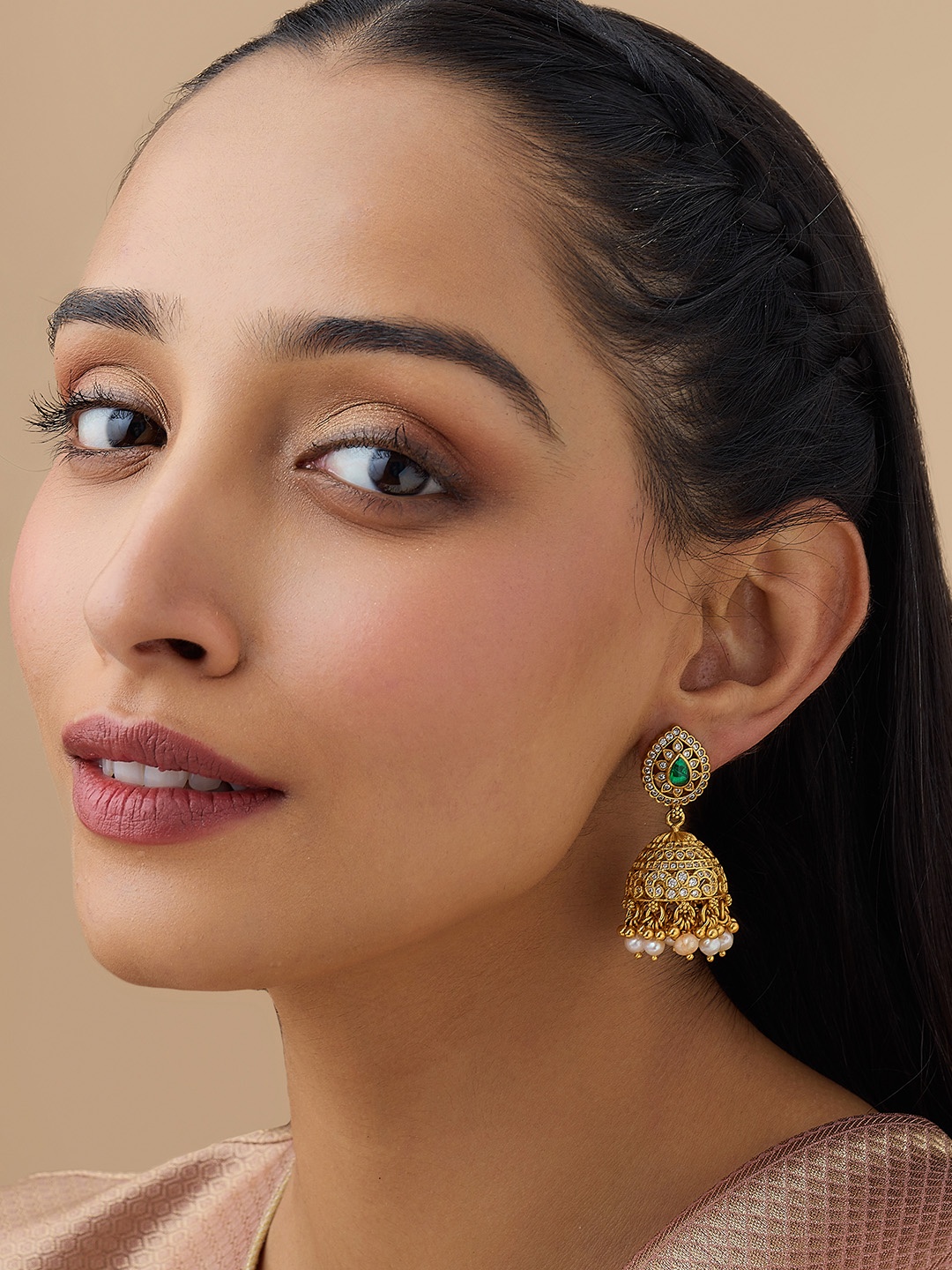 Kushal's Fashion Jewellery Gold-Plated Artificial Stones 92.5 Pure Silver Jhumkas
