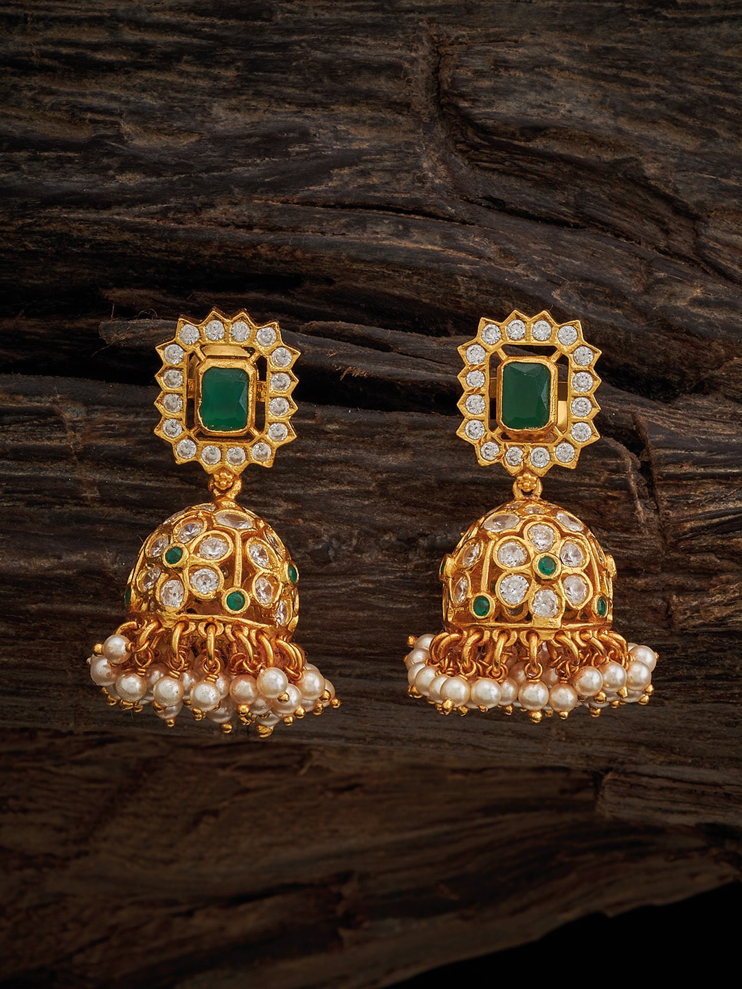 

Kushal's Fashion Jewellery Gold-Plated Stone-Studded Contemporary 92.5 Pure Silver Jhumkas