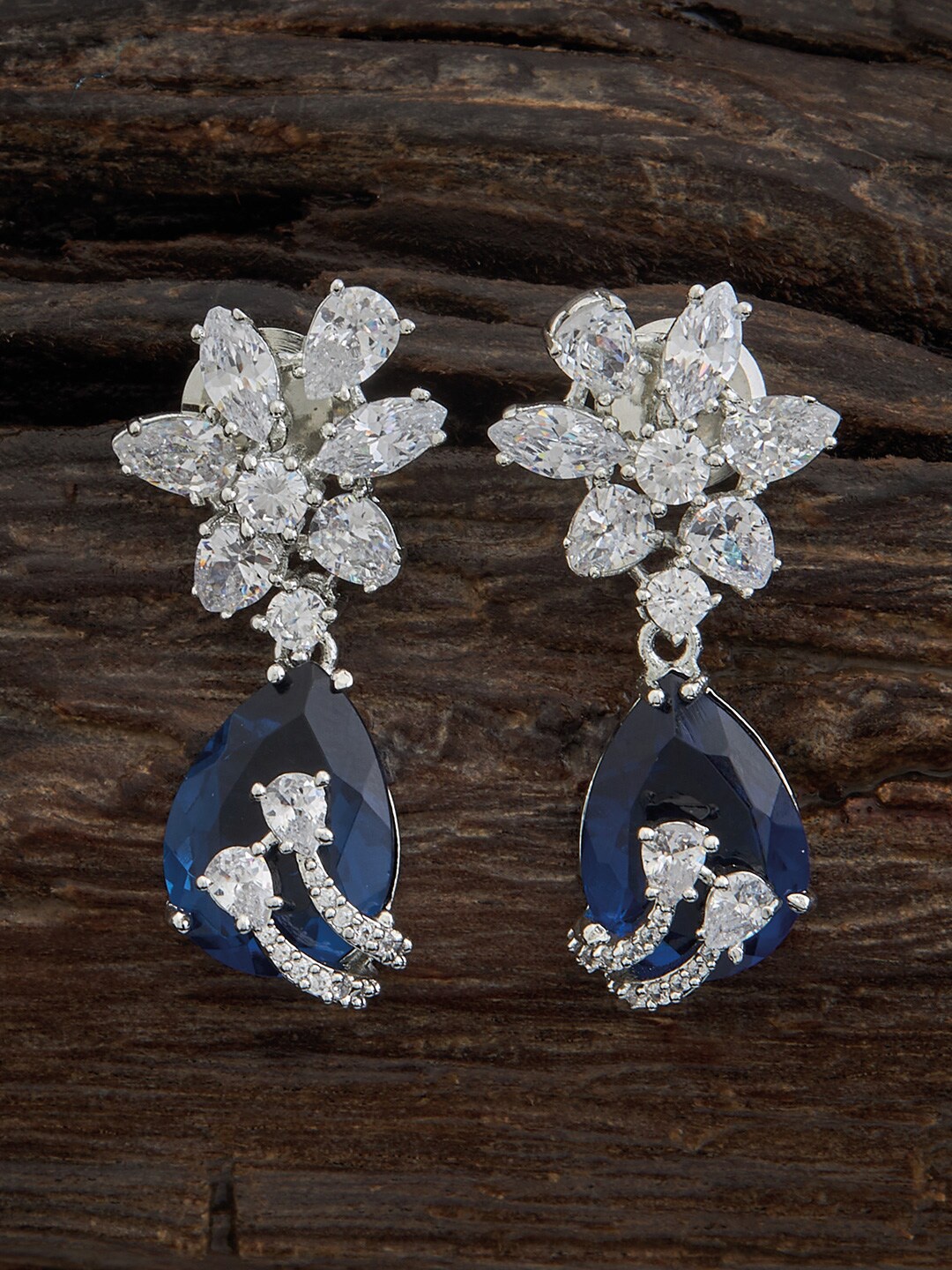 

Kushal's Fashion Jewellery Rhodium-Plated Teardrop Shaped Drop Earrings, Silver