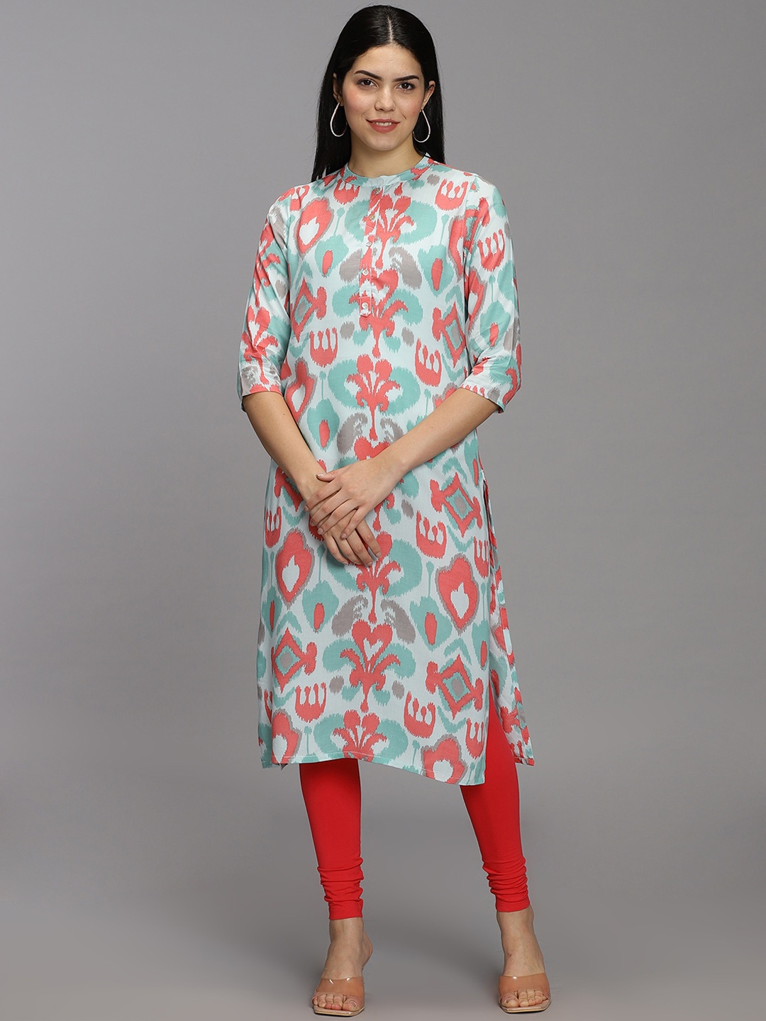 

HAY Floral Printed Band Collar Liva Kurta, Blue