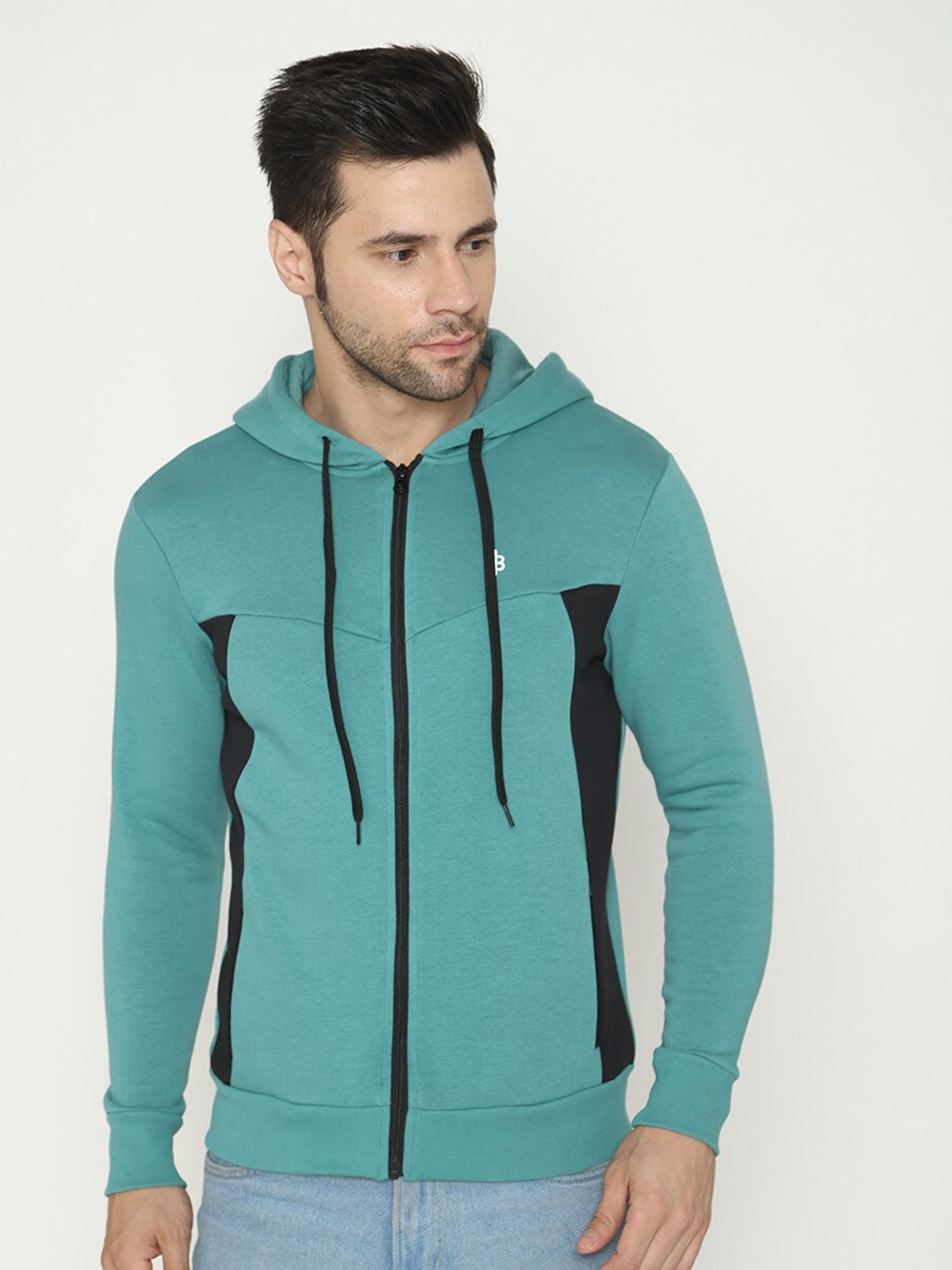 

Bonjour Colourblocked Hooded Neck Long Sleeves Cotton Front-Open Sweatshirt, Sea green