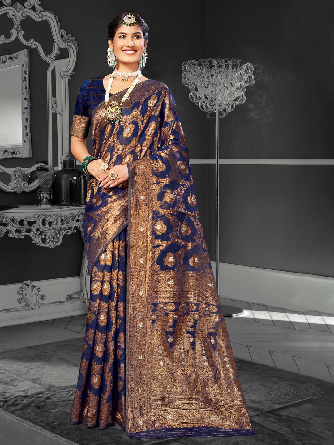 

Mitera Navy Blue Ethnic Motifs Woven Design Zari Saree