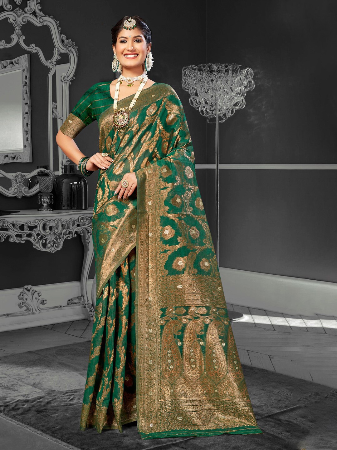 

Mitera Floral Woven Design Zari Saree, Green