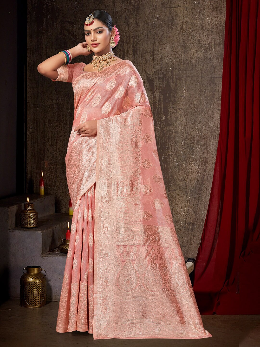 

Mitera Pink & Gold-Toned Woven Design Zari Saree