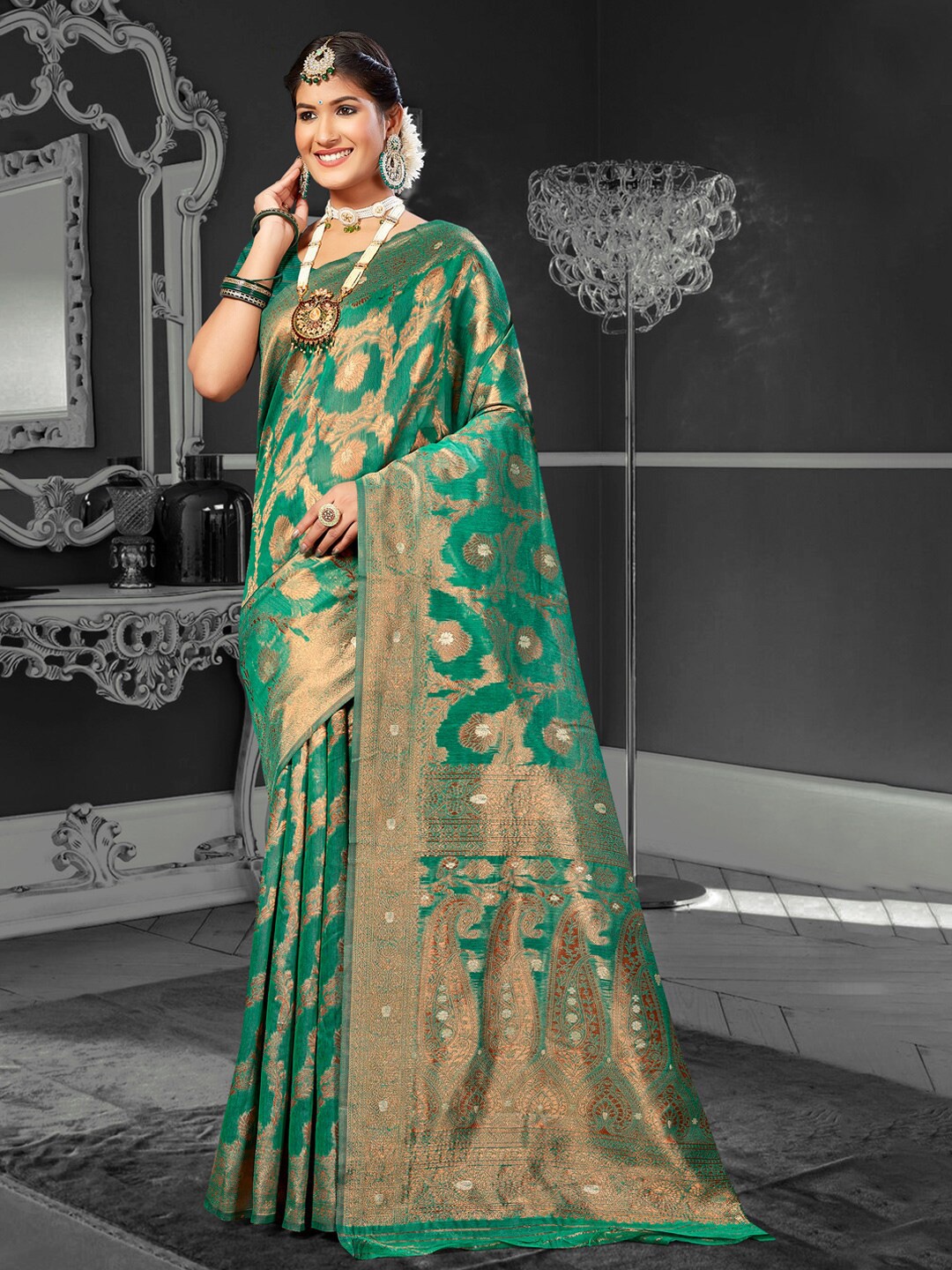 

Mitera Sea Green & Gold-Toned Ethnic Motifs Woven Design Zari Saree