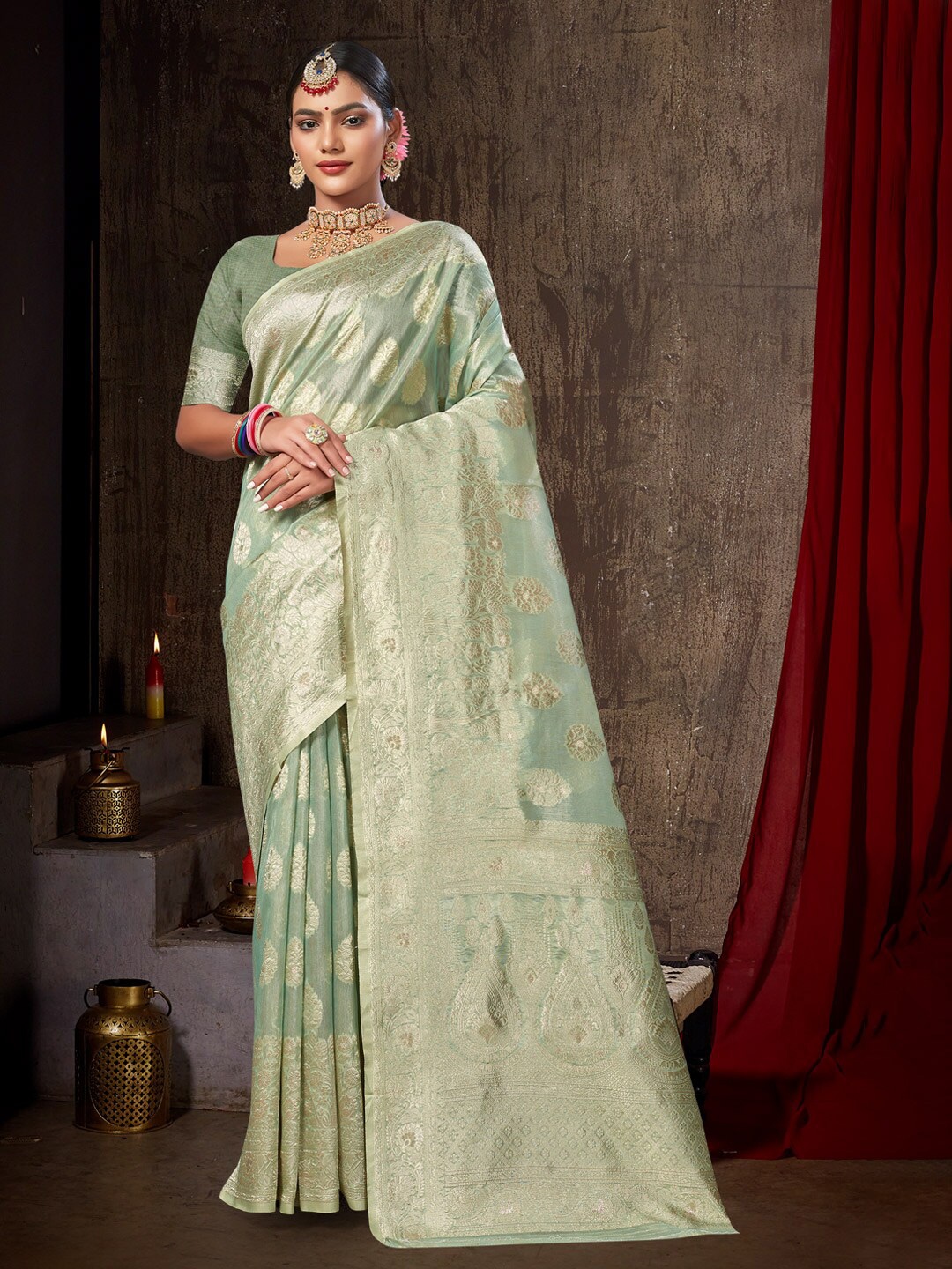 

Mitera Ethnic Motifs Woven Design Zari Saree, Sea green
