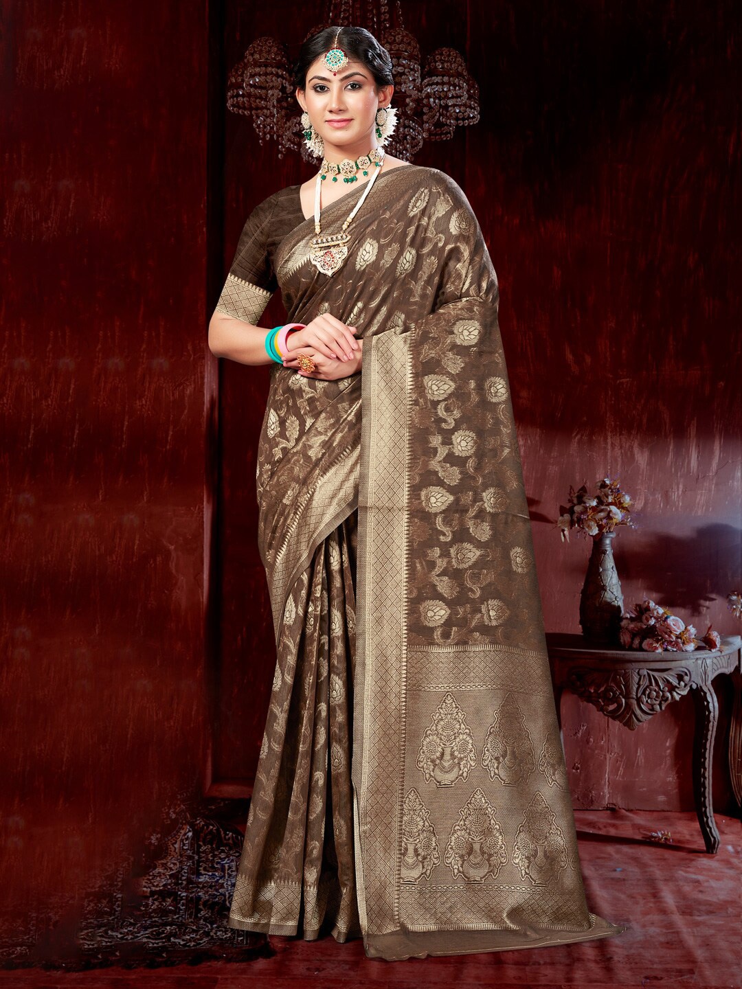 

Mitera Woven Design Zari Saree, Brown