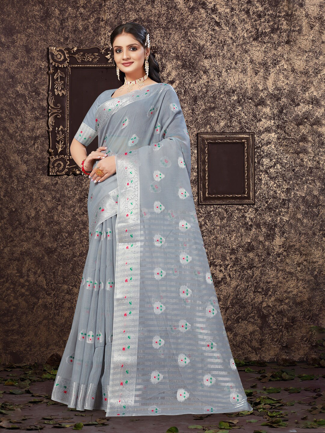 

Mitera Grey & Silver-Toned Woven Design Zari Saree