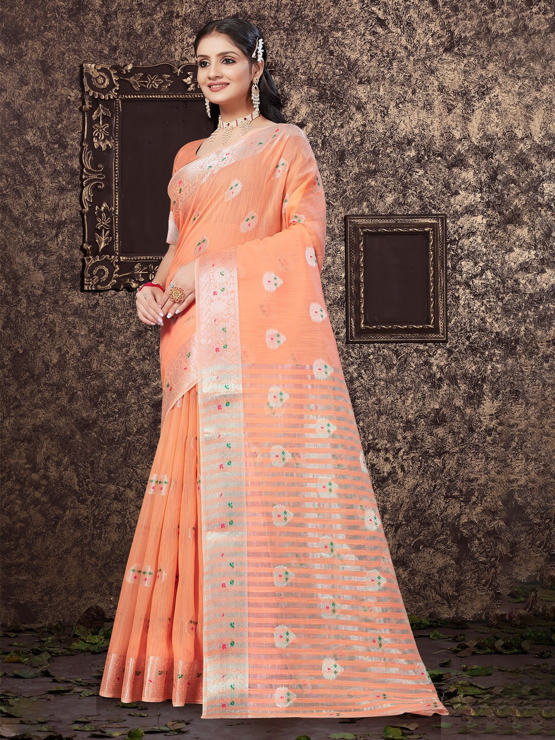

Mitera Peach-Coloured & Silver-Toned Ethnic Motifs Woven Design Zari Saree